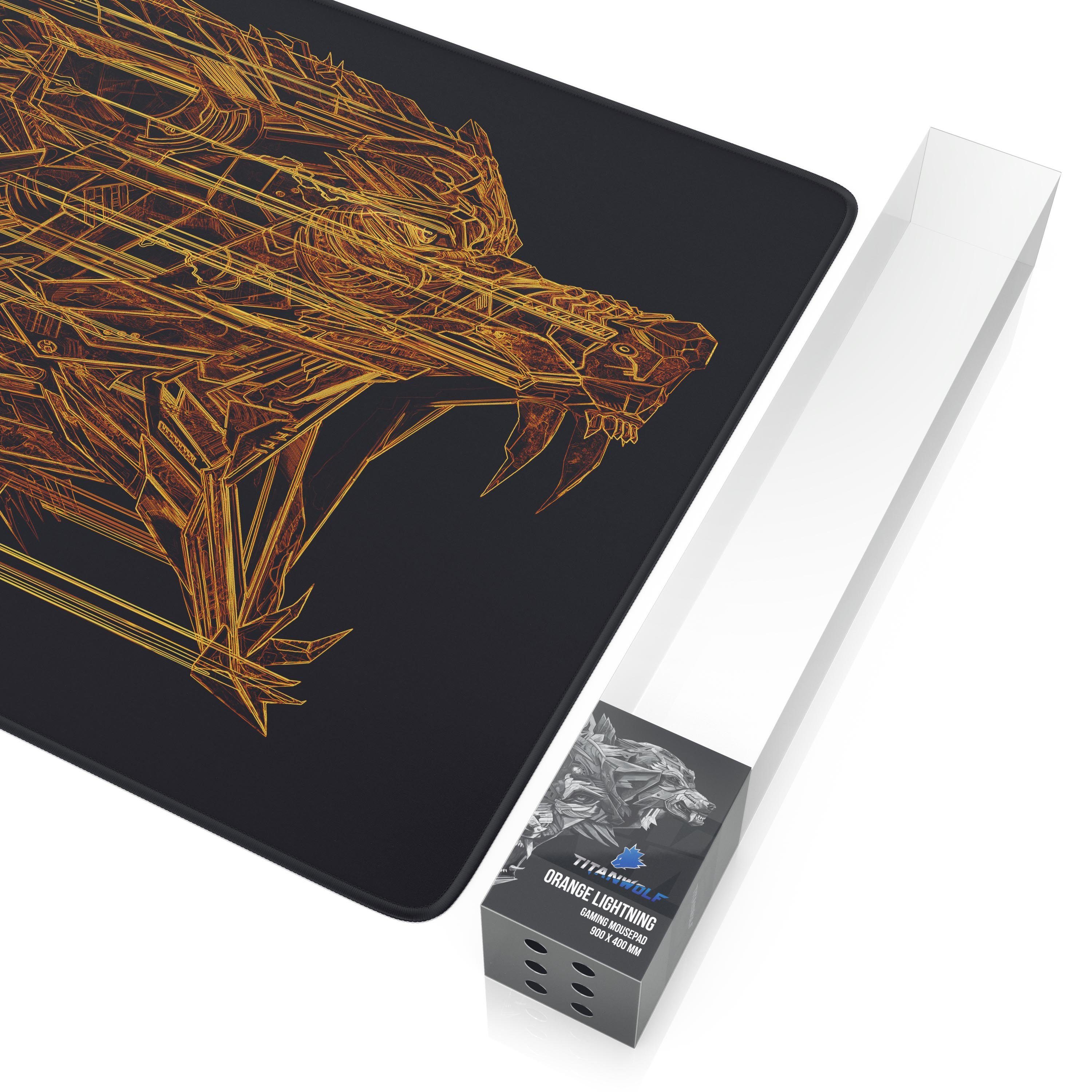 Titanwolf Gaming Mauspad XXL Speed Mousepad 900 x 400 x 3 mm, große Tischunterlage, rutschfest, abwaschbar, Geschwindigkeit & Präzision, Wolfmotiv orange