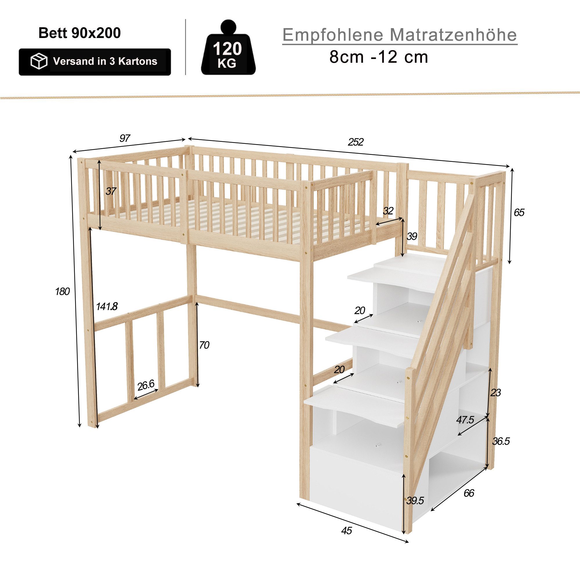 Merax Hochbett (viel Platz unter dem Bett, 1-St., Etagenbett Jugendbett Einzelbett, stabil & platzsparend) Kiefer Kinderbett 90x200cm mit Stauraumtreppe & Siche – Bild 4 von 5