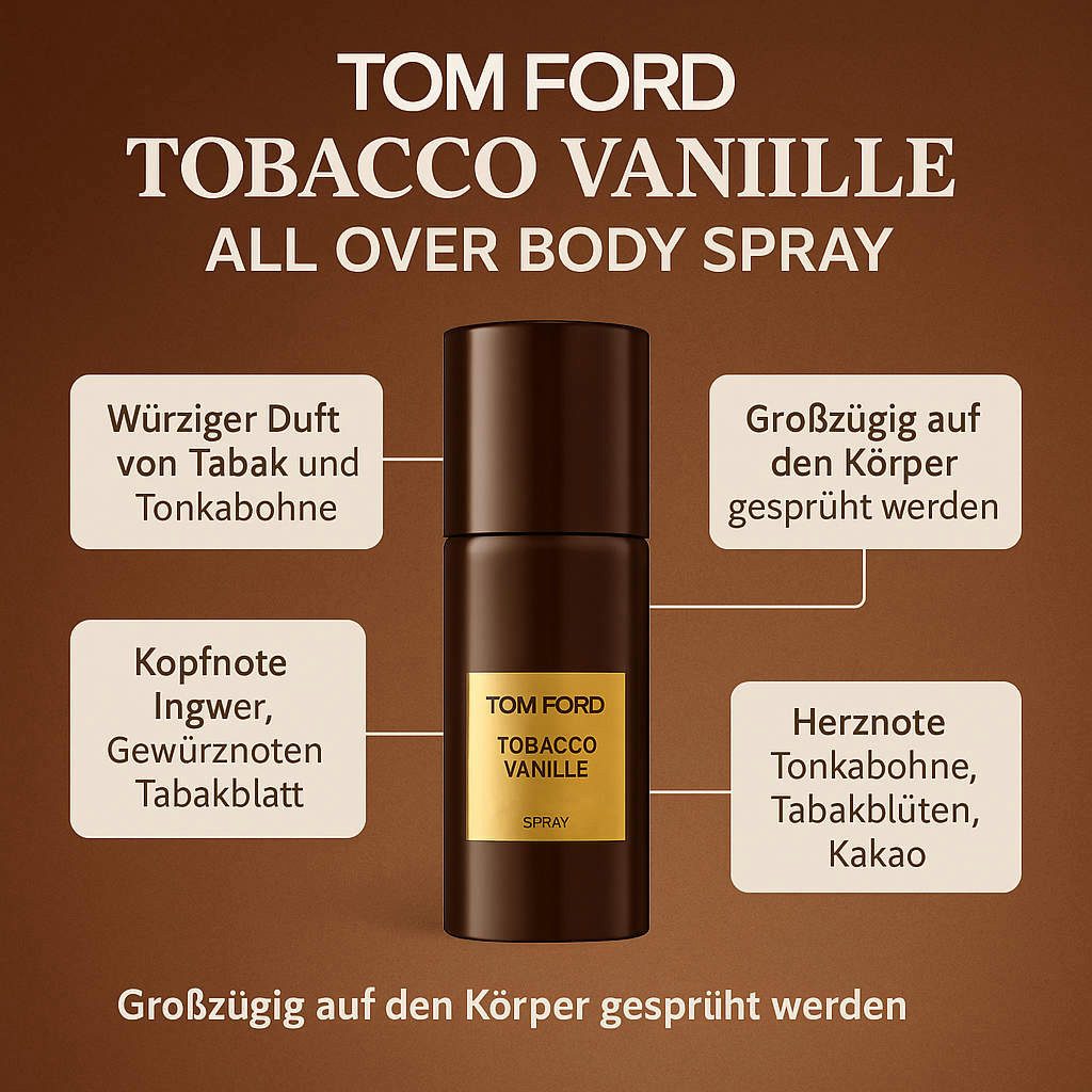 Tom Ford Körperspray Tobacco Vanille All Over Body Spray 150 ml, silikonfrei, alkoholfrei in der Textur außer den Duftträgern