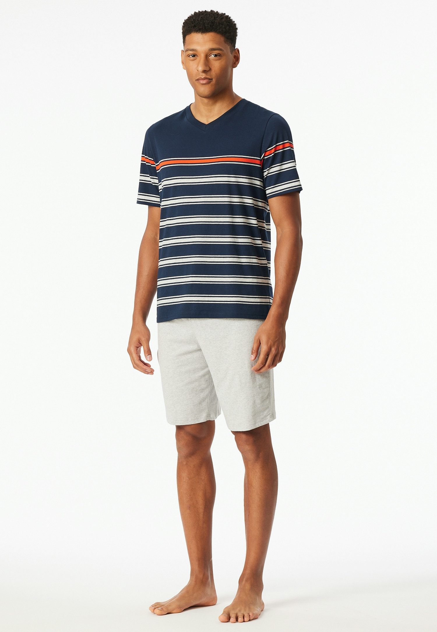 Schiesser Shorty "Casual Nightwear" (2 tlg) Shirt mit V-Ausschnitt und platzierten Ringeln