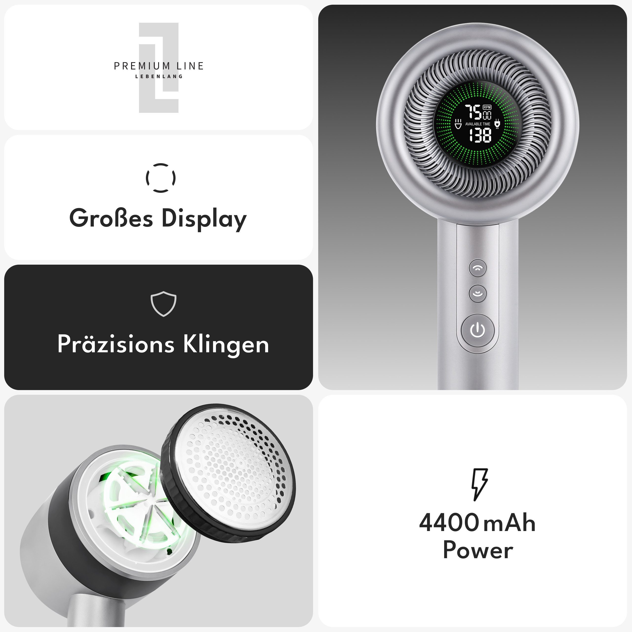 Lebenlang Fusselrasierer Premium elektrischer Fusselentferner mit 4000mAh, Großes Display, Präzisionsklingen, 5 Modi, LED Frontlicht