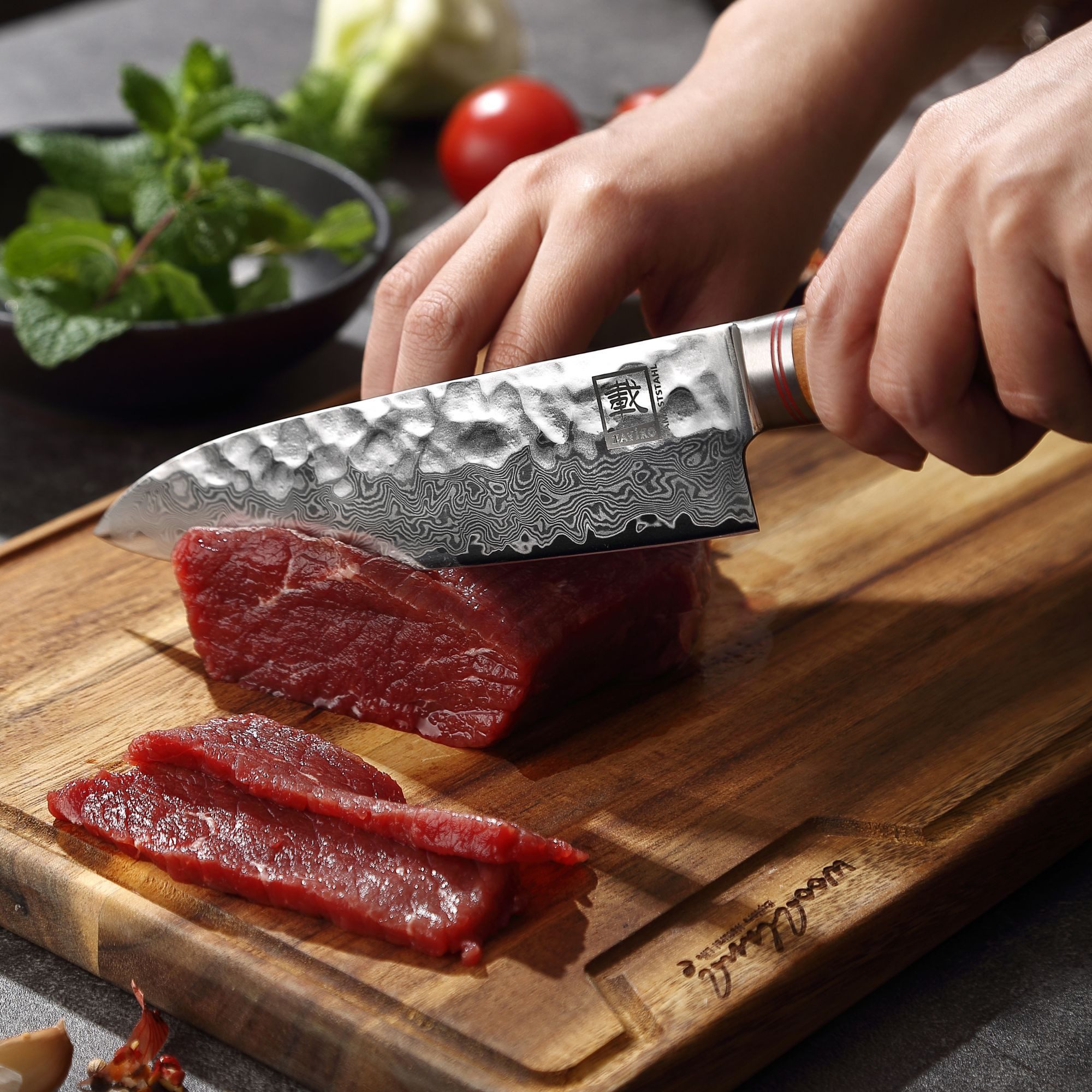 ZAYIKO Asiamesser Minami Damast Santoku Küchenmesser 17 cm Klinge Olivenholzgriff, Damaststahl, VG10-Kern, Hammerschlag