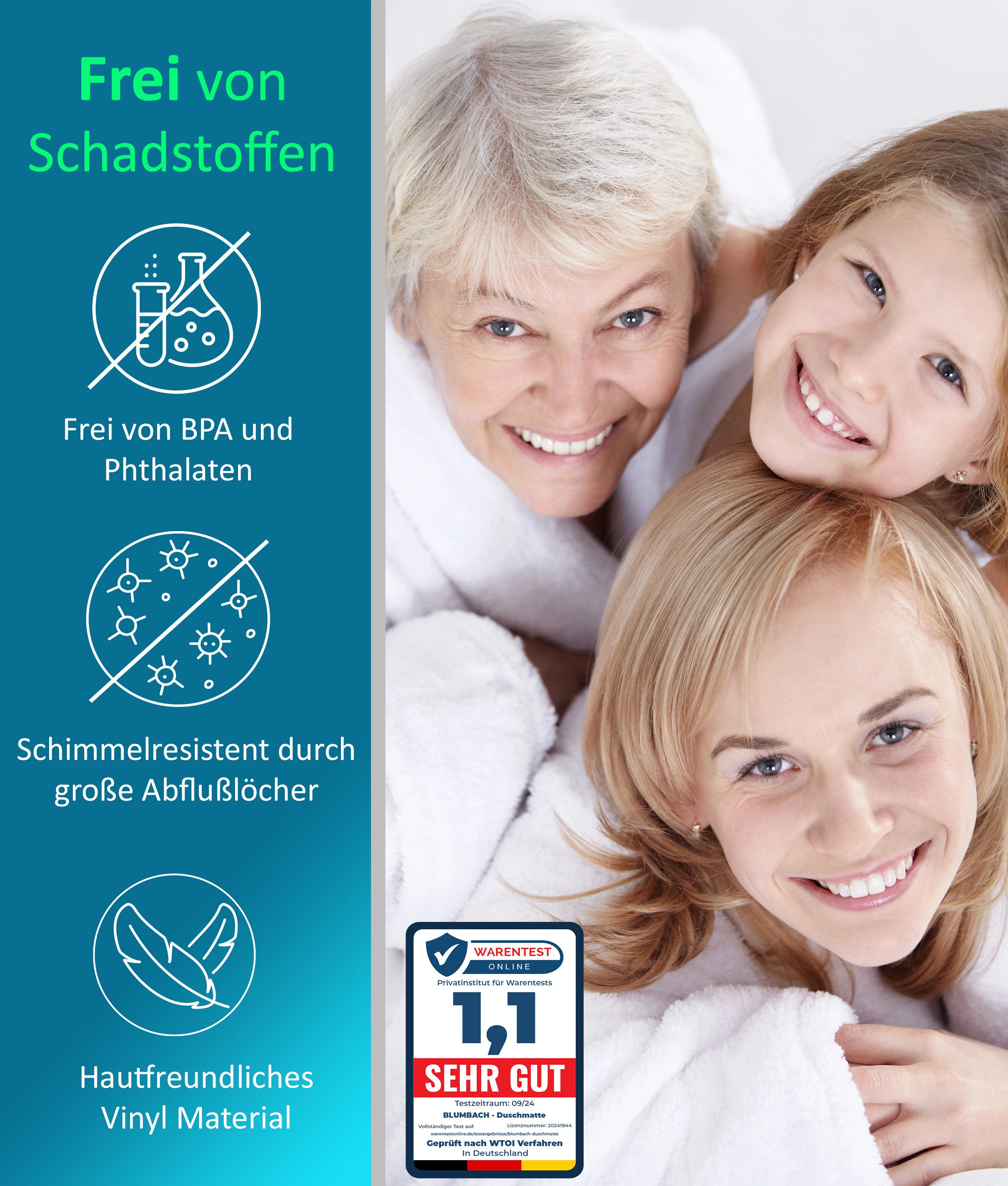 Blumbach Duschmatte - griffige Antirutschmatte Diamant 53 x 53 cm, - 100% BPA-frei, inkl. 2 Haken zum Aufhängen, Duscheinlage, schimmelressisten & maschinenwasc – Bild 4 von 5