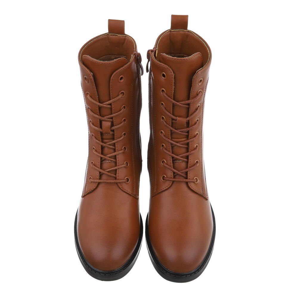 Ital-Design Damen Schnürschuhe Freizeit Schnürstiefelette (84338345) Blockabsatz Schnürstiefeletten in Camel