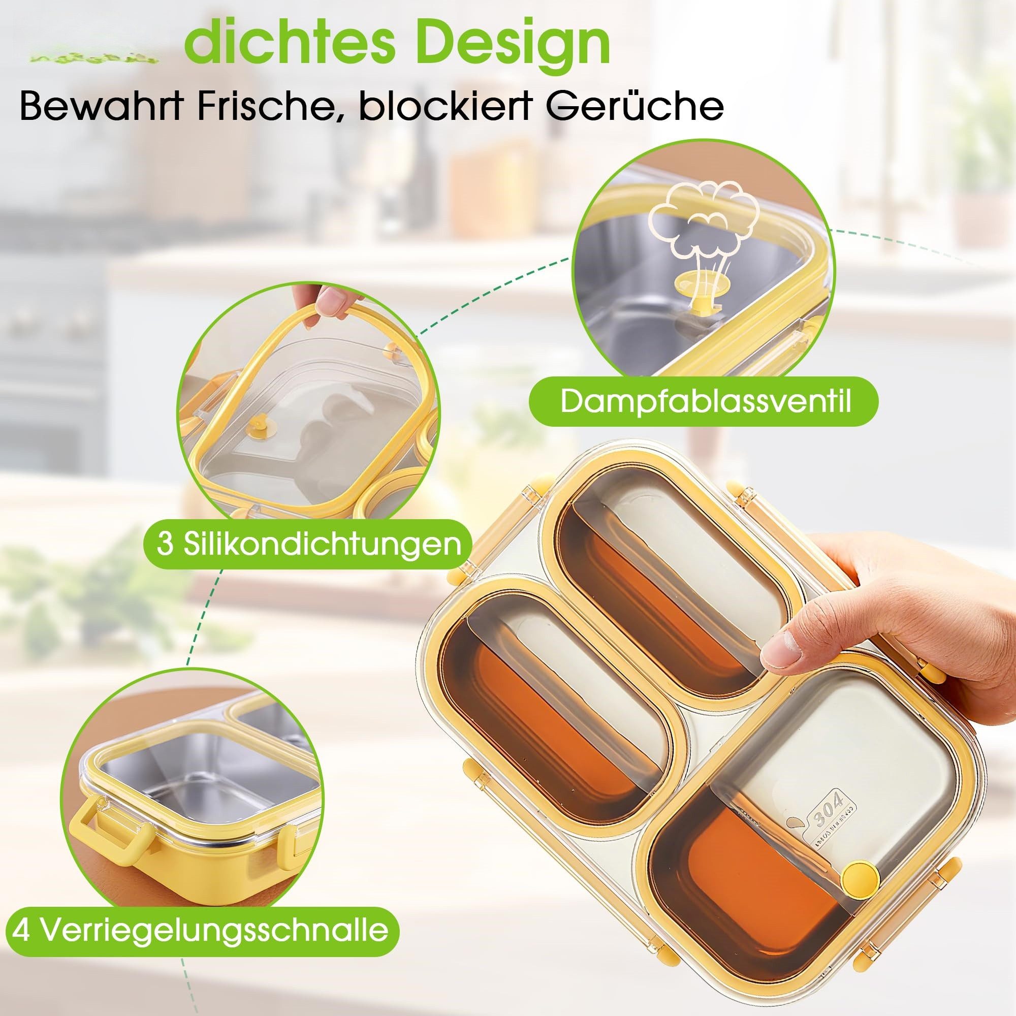 FOUORTUNATE-BEE Lunchbox 800ml Lunchbox Brotdose Edelstahl mit 3 Fächern, ABS und Edelstahl, (Unabhängiger Dichtungsring, Auslaufsicher Lunchbox) – Bild 4 von 5