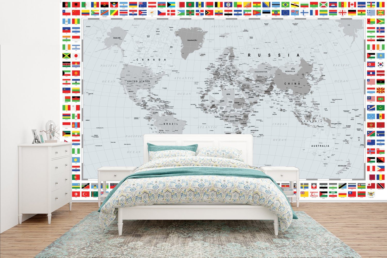 MuchoWow Fototapete Weltkarte - Flagge - Schwarz - Weiß, Matt, bedruckt, (8 St), Wallpaper für Wohnzimmer, Schlafzimmer, Kinderzimmer, Vinyl Tapete