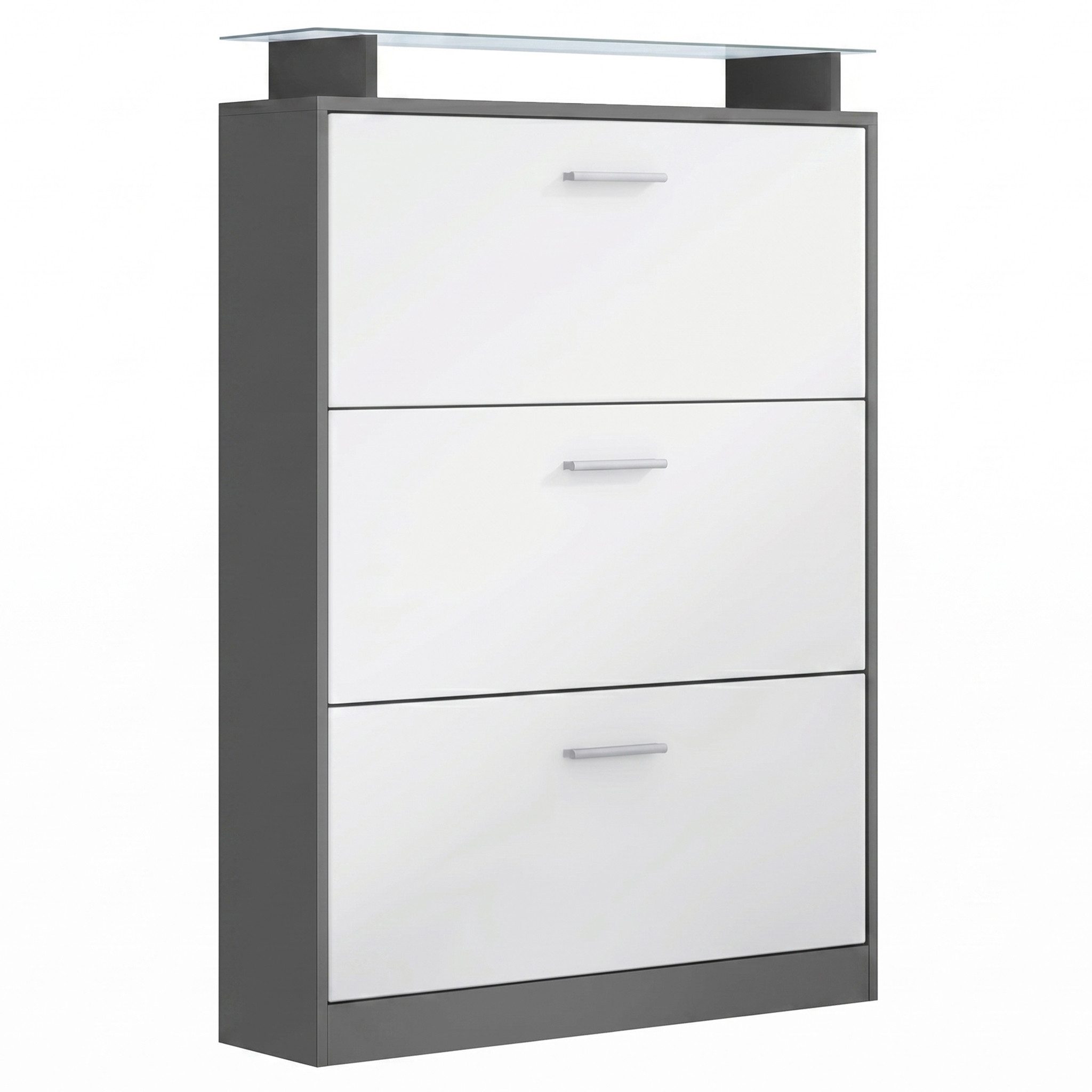 Vladon Schuhschrank Lavia (Schuhkipper, für 24 Paar Schuhe mit 3 Klappen und Glasablage) Anthrazit matt/Weiß matt (89 x 128 x 23 cm)