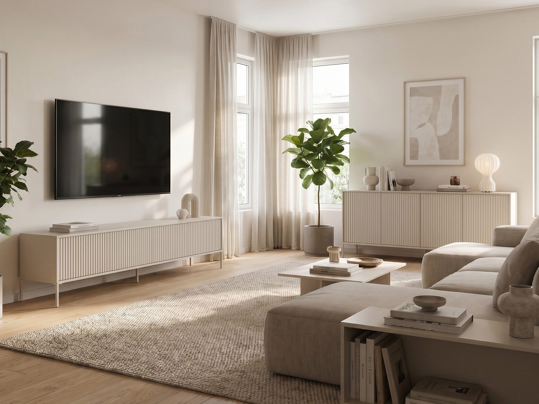 Beautysofa Wohnzimmer-Set NOTO Wohnwand in Cashmere, (Sideboard, Lowboard moderner Stauraum, 2-teilig mit TV-Schrank 204 cm und Kommode 204 cm), Wohnwände mit Rillenfronten
