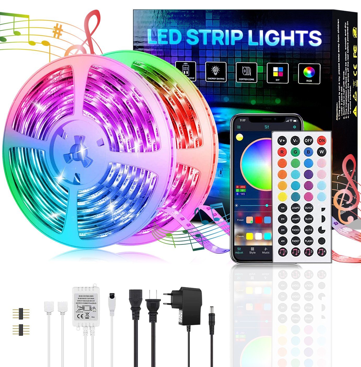 LANOR LED Stripe LED Strip, LED Streifen, Bluetooth-Lichtleiste, 30M, APP Steuerung, IR-Fernbedienung, Bare Board RGB