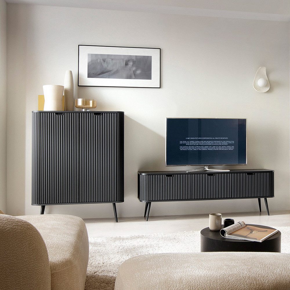 Lomadox Wohnzimmer-Set ZARA-160, (Mega-Spar-Set, 2-St., Konsolentisch Sideboard), in schwarz gerillt mit Rillen Metallfüße Wohnzimmerschränke
