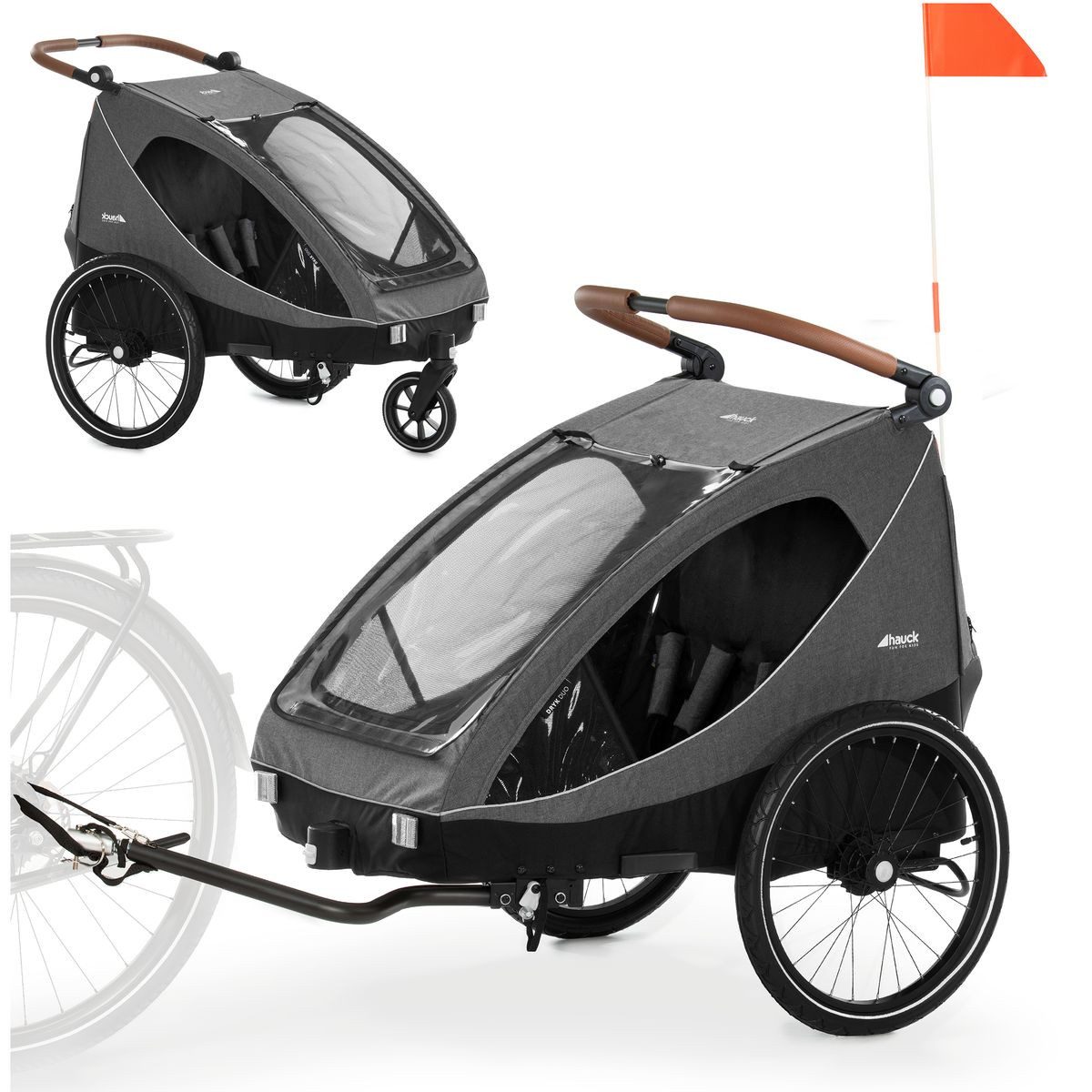 Hauck Fahrradkinderanhänger Dryk Duo - Melange Grey, 2in1 Fahrrad Anhänger für 2 Kinder Bike Trailer & Buggy inkl. Deichsel