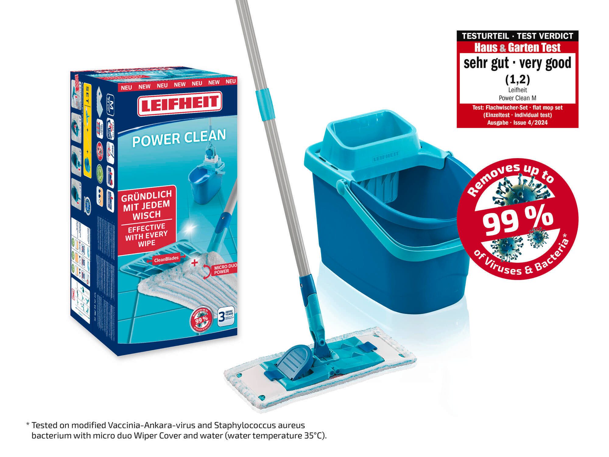 Leifheit Wischmopp Set POWER CLEAN, (5-St), Arbeitslänge 148cm, waschbarer Bezug, Wischbreite 33cm