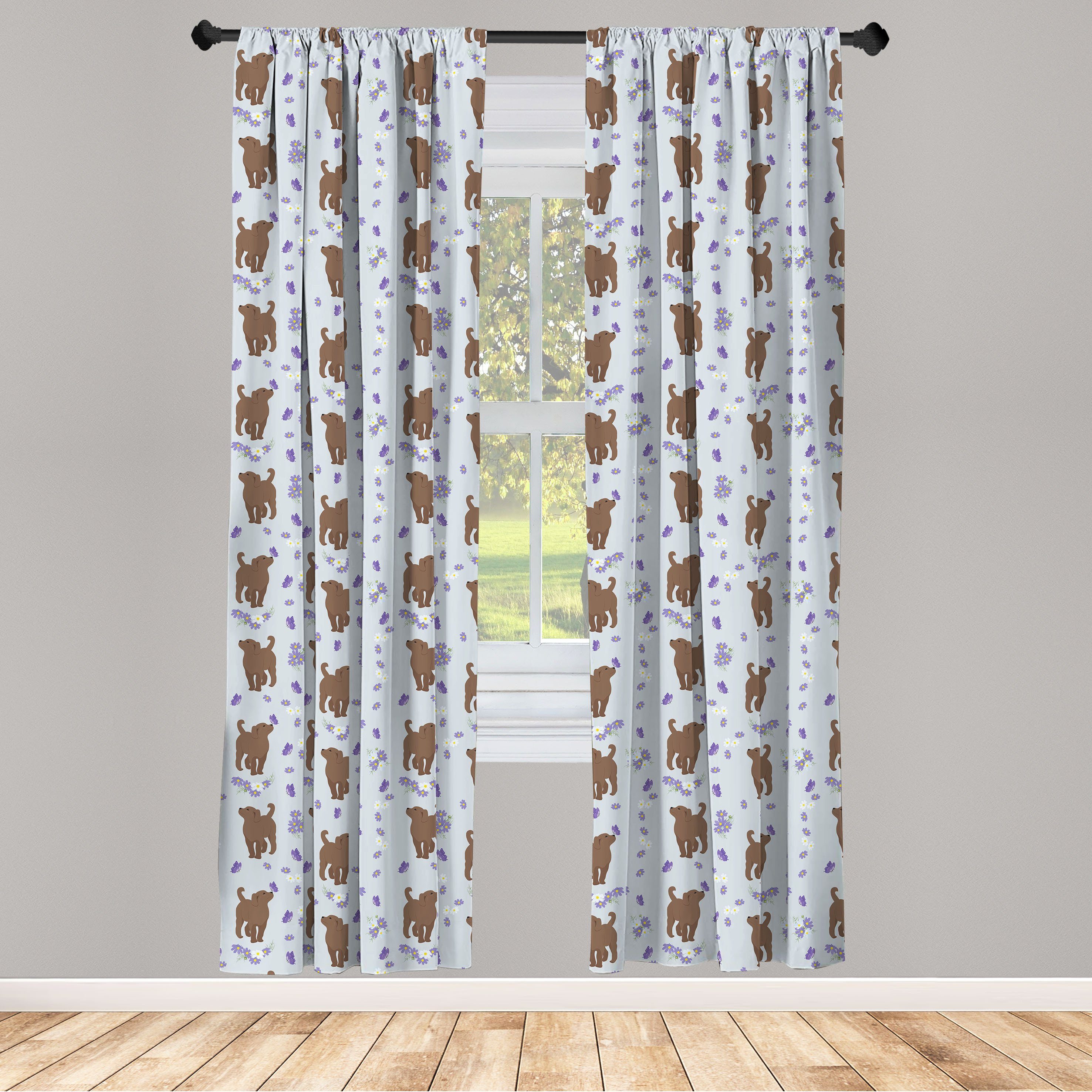 Gardine Vorhang für Wohnzimmer Schlafzimmer Dekor, Abakuhaus, Microfaser, Hund Welpen Schmetterlinge und Blumen