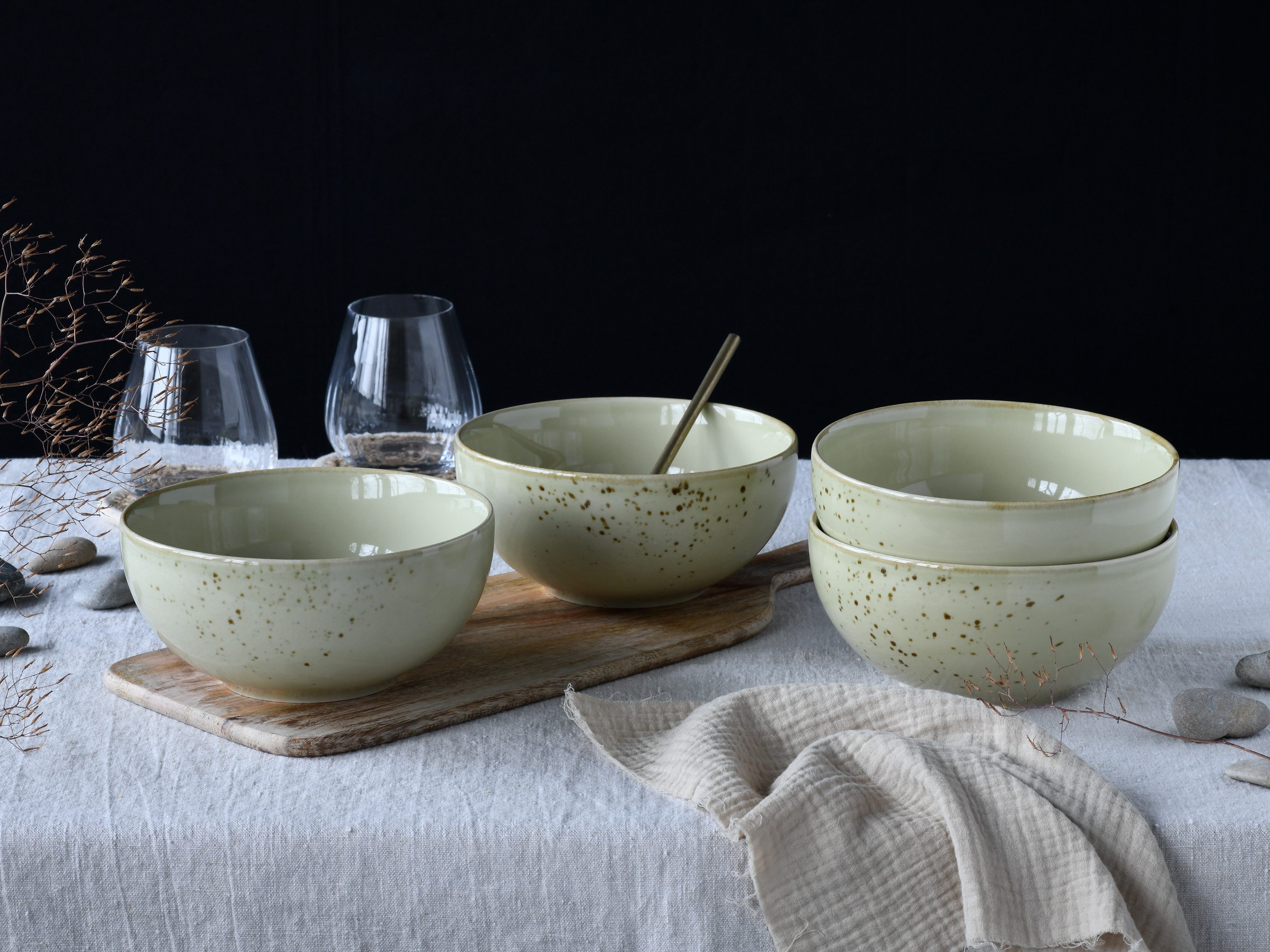 CreaTable Schale Nature Collection, Buddha Bowl 4-tlg, Steinzeug, (Set, 4-tlg), Handwerklicher Look, Vintage, Höhe 7,5 cm