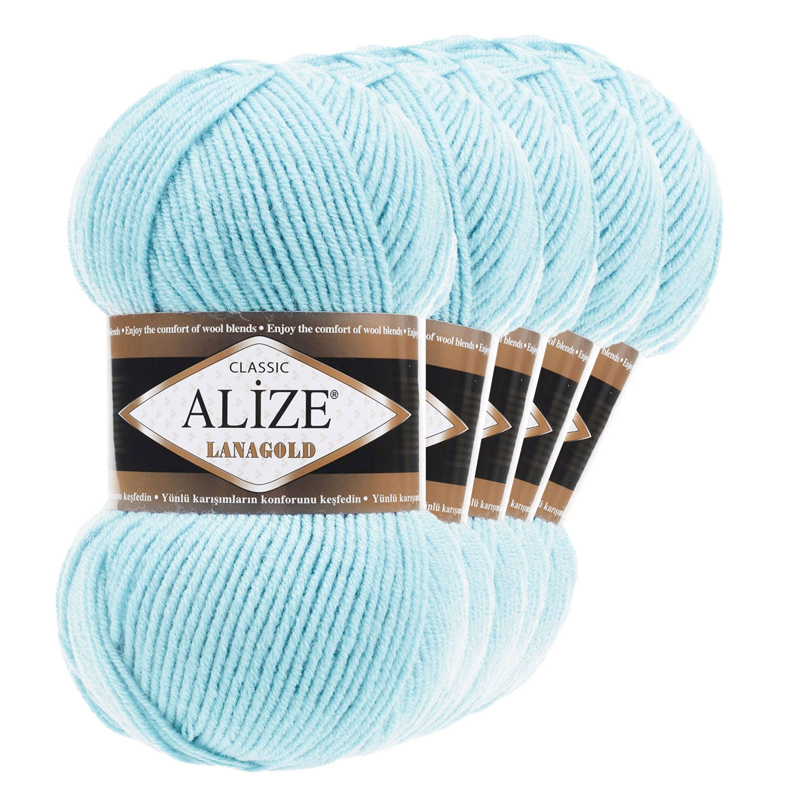 Alize 5 x 100 g ALIZE Lanagold 49% Wolle Strickgarn Winterwolle Schurwolle Häkelwolle, 240 m, eisblau
