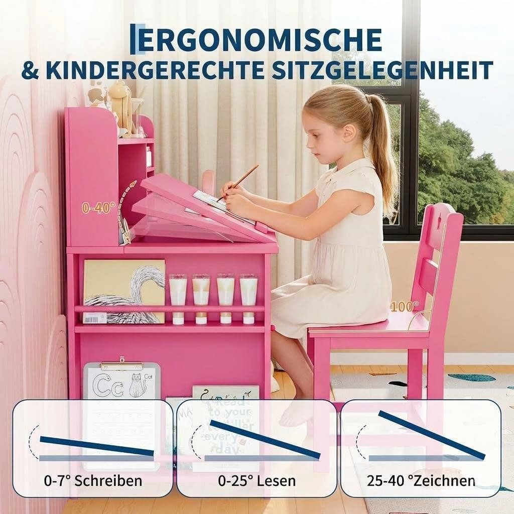 GarveeMore Kinderschreibtisch -Set mit Stuhl und Stauraum,Aufsatz,neigbarer Rückenlehne, Holztisch mit Aufbewahrungsschrank für Kinder von 3-8 Jahren