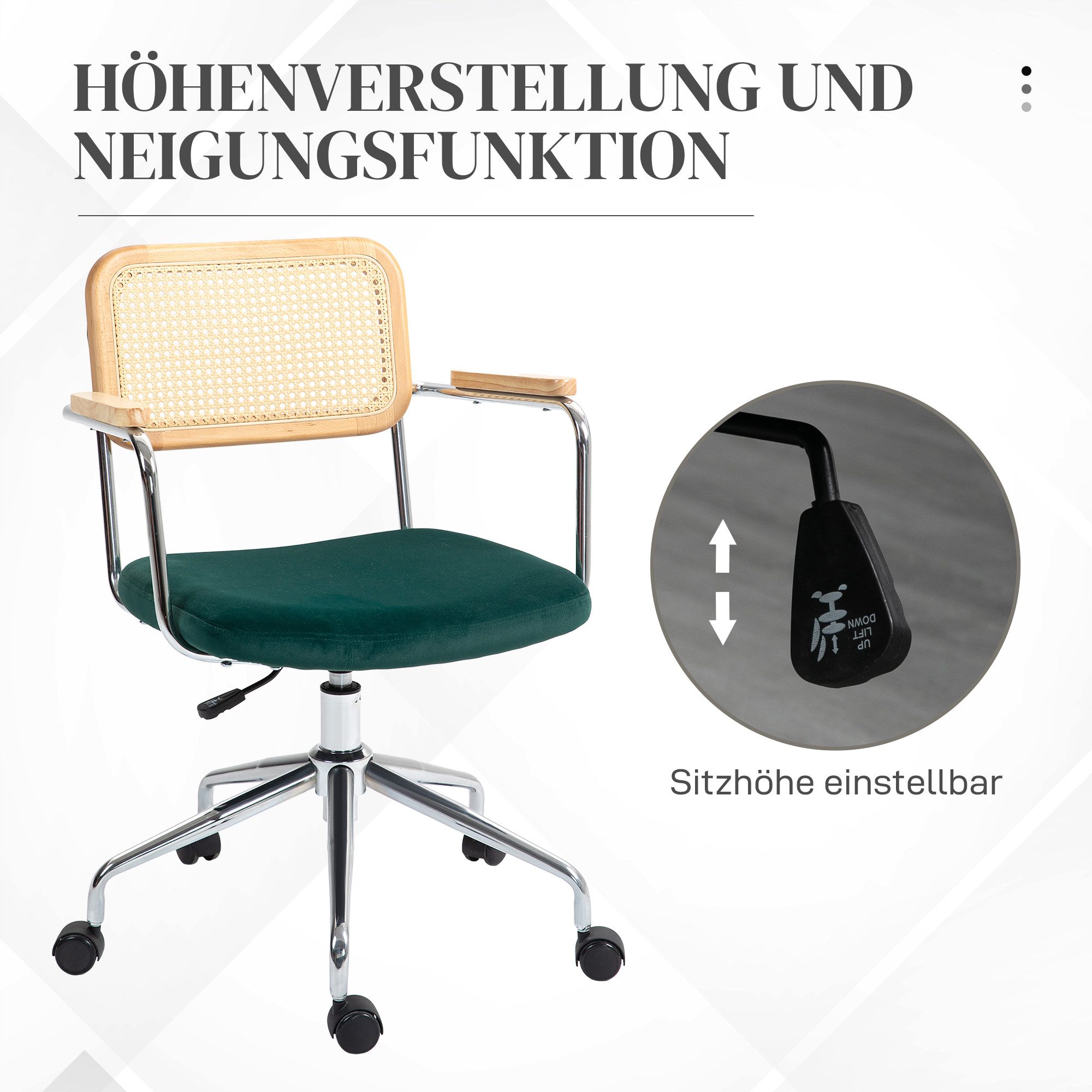 HOMCOM Bürostuhl Höhenverstellbar Drehstuhl, Computerstuhl mit Samtoptik (Schreibtischstuhl, 1 St), für Büro, Wohnzimmer, Grün – Bild 5 von 5
