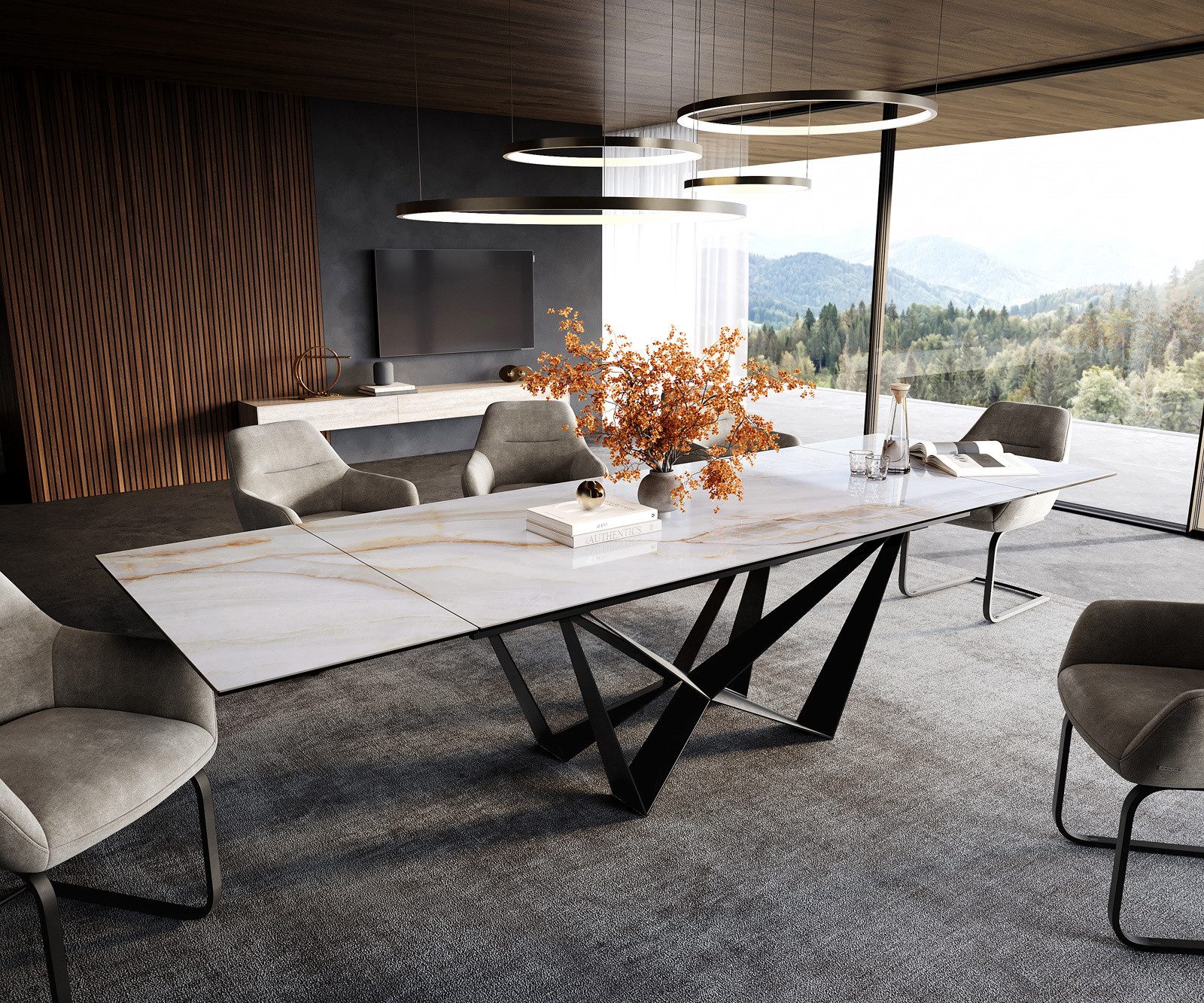DELIFE Esstisch Edge, 200-300x100 cm Keramik Onyx Pearl Spider Flachstahl Schwarz ausziehbar