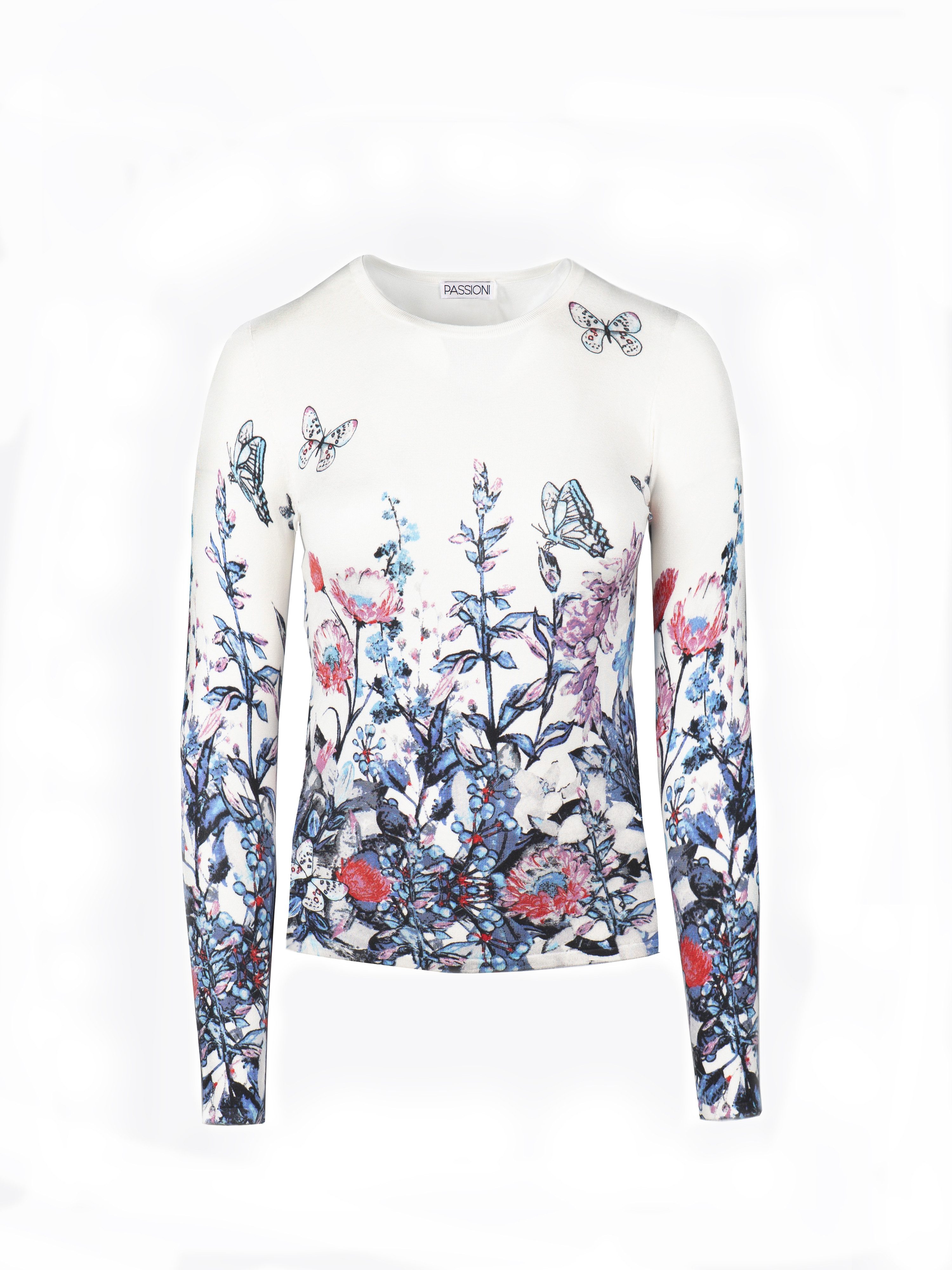 Passioni Strickpullover in weiß mit Blumen und Schmetterlingsmuster günstig online kaufen