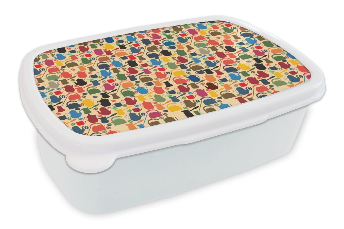 MuchoWow Lunchbox Muster - Kaffee - Teekanne - Retro, Kunststoff, (2-tlg), Brotbox für Kinder und Erwachsene, Brotdose, für Jungs und Mädchen weiß
