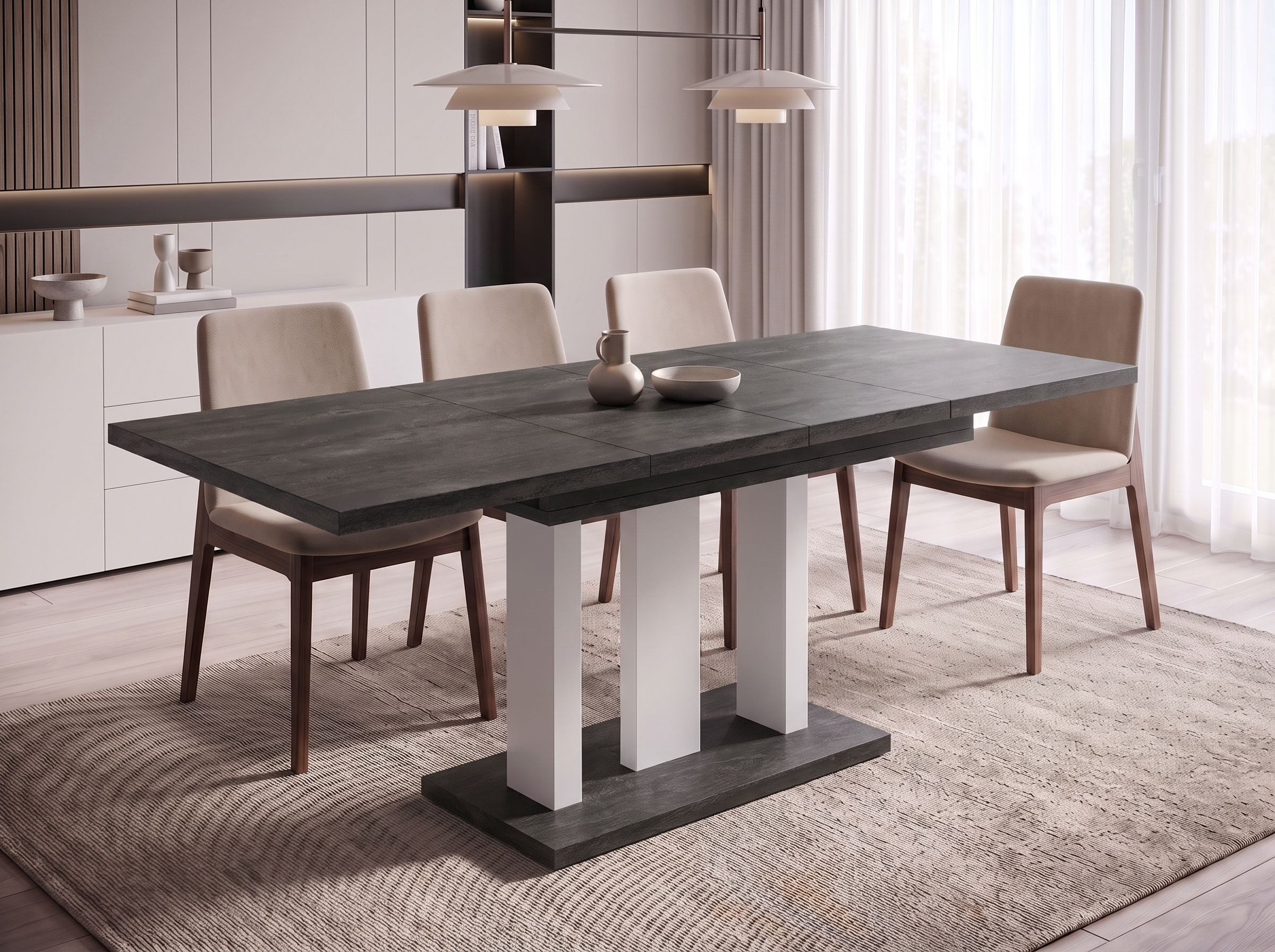 Endo-Moebel Säulen-Esstisch "Appia White" 130-210cm ausziehbar, erweiterbar, modern (1 Tisch), 2 Erweiterungsplatten, für 4, 6 oder 8 Personen, weiße Beine