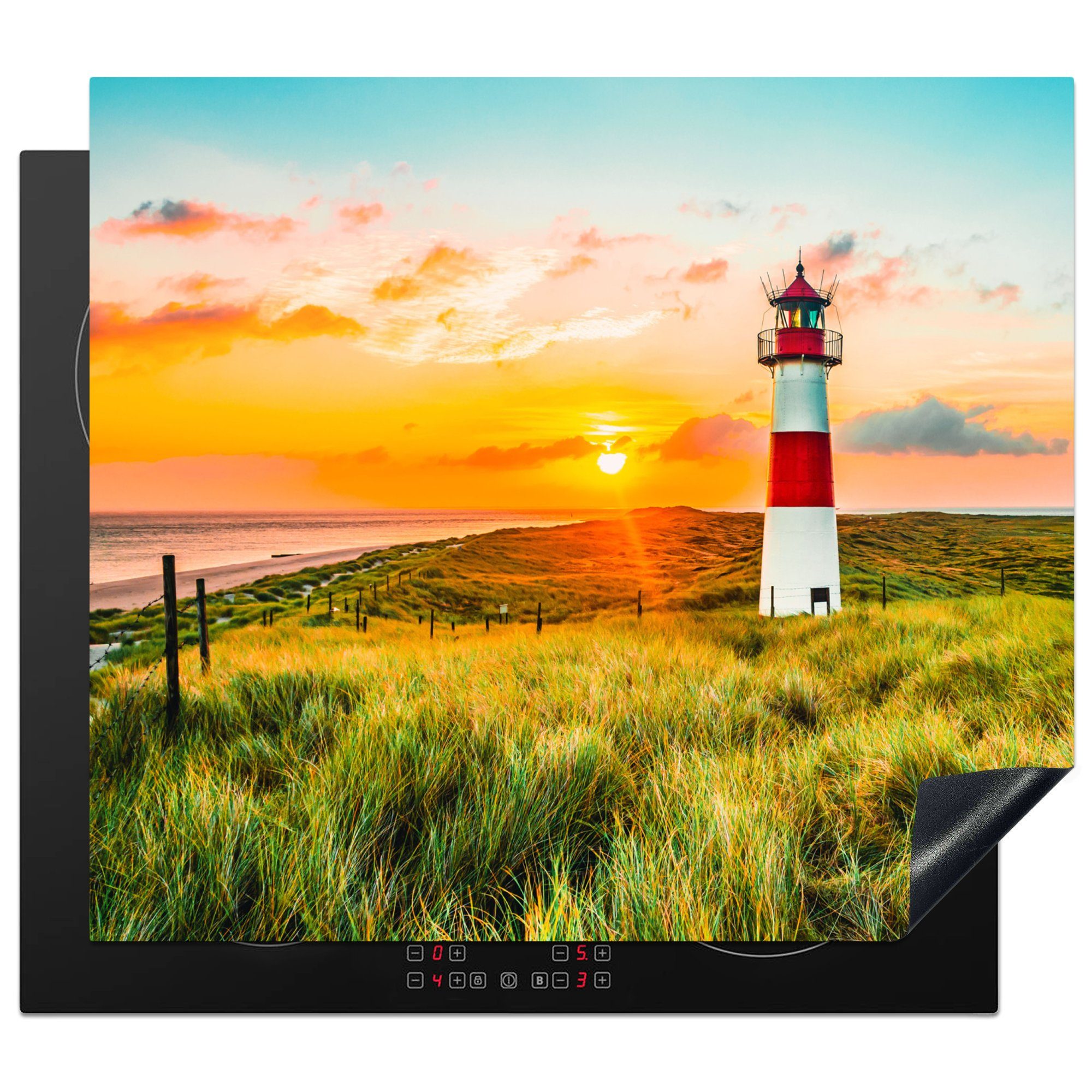 MuchoWow Herdblende-/Abdeckplatte Leuchtturm - Natur - Sonne - Landschaft - Gras - Strand - Meer, Vinyl, (1 tlg), 60x52 cm, Mobile Arbeitsfläche nutzbar, Ceranfeldabdeckung