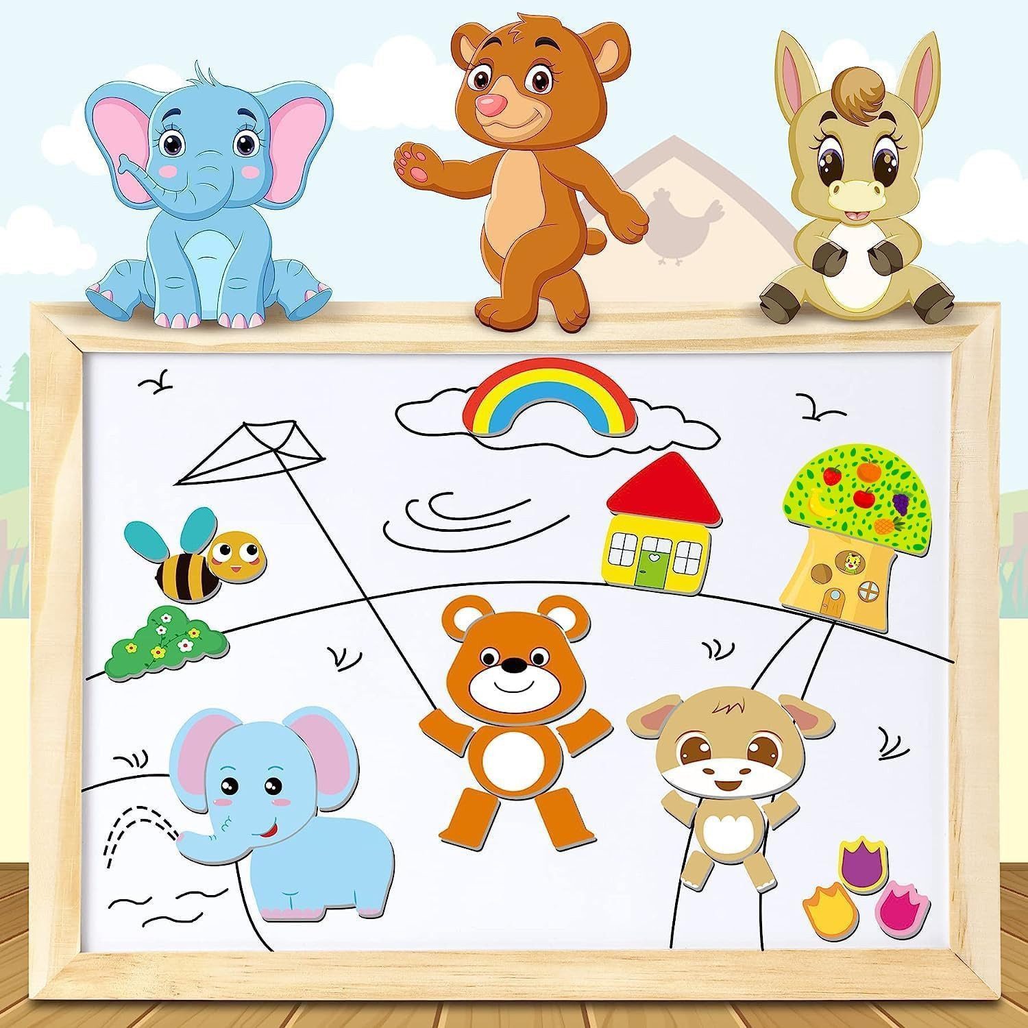 POPOLIC Holzpuzzle mit Doppelplatte, Lernspielzeug für Kinder Magnetspielba günstig online kaufen