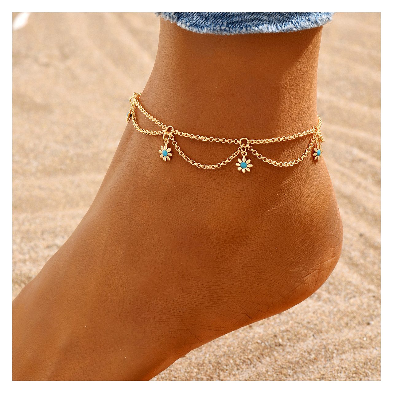 KARMA Fußkette Fußkettchen Gold Türkis Legierung Fusskette Strandschmuck (S günstig online kaufen