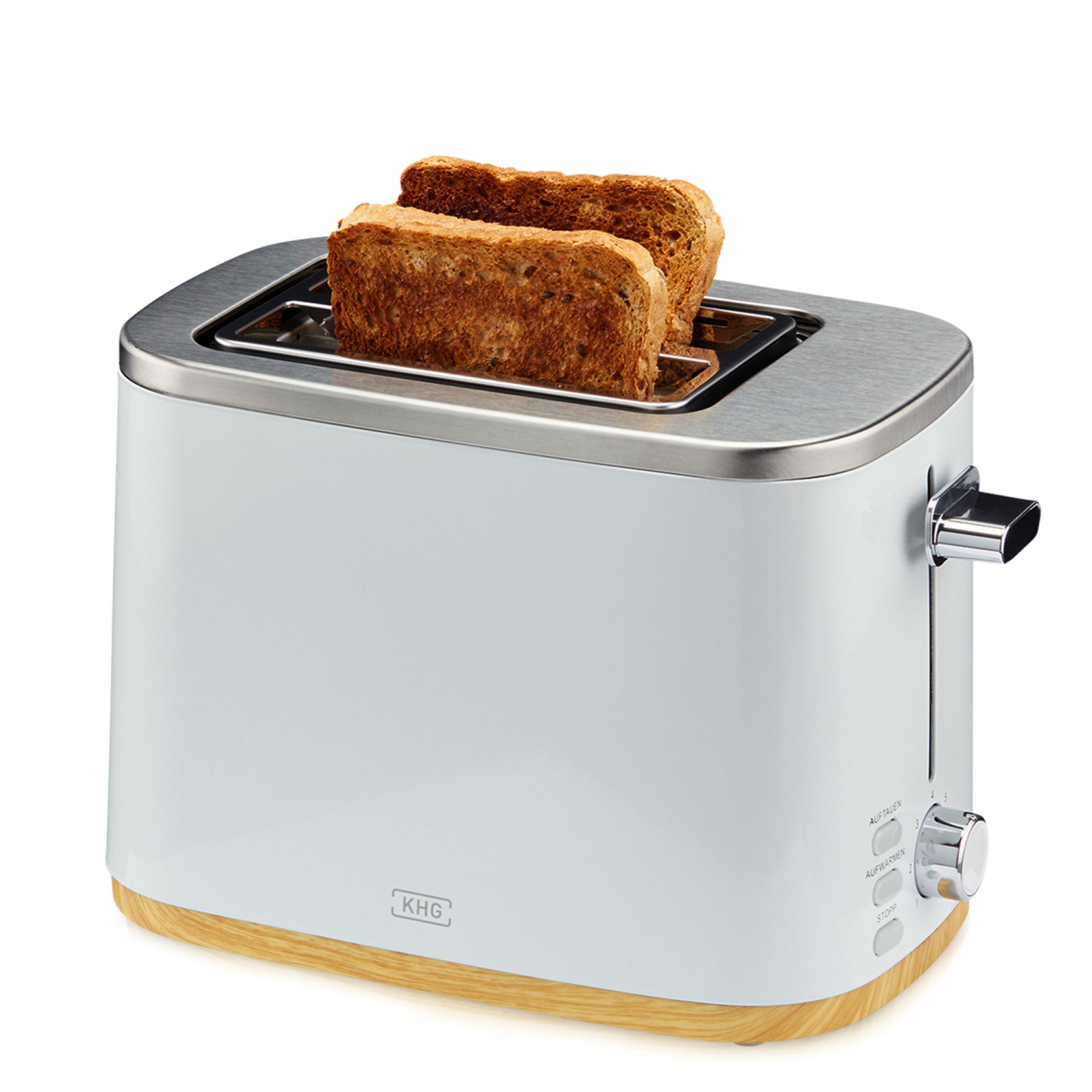 KHG Toaster Skandi Look Weiß, Auftau- und Aufwärmfunktion, 7 Bräunungsstufen, 2 kurze Schlitze, für 2 Scheiben, 800 W, Edelstahl, Brötchenaufsatz, Krümelschublade