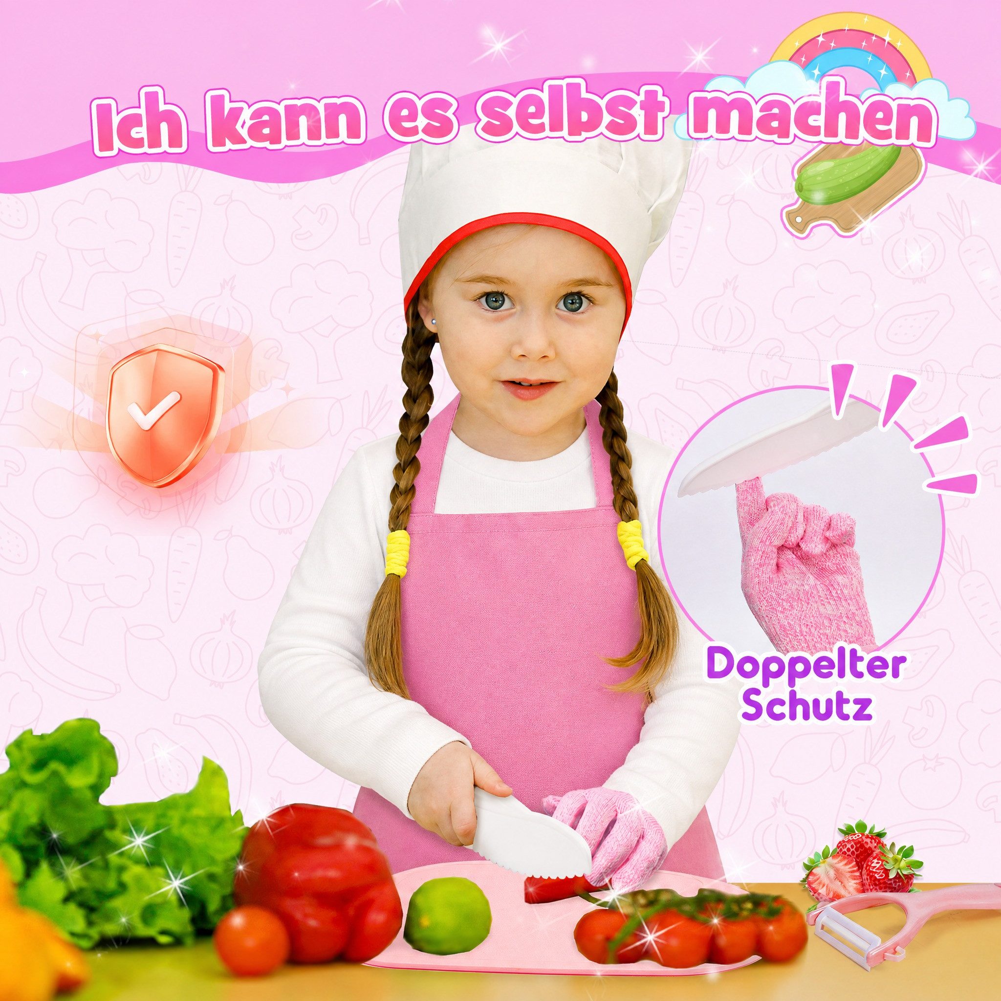 Wootoy Kinder-Küchenset Küchenspiele Kinder Küchenmesser Set 13-teilig mit Aufbewahrungsbox, (Lernspielzeug Messerspielzeug für Kinder, 13-tlg., mit Gezahnte Klinge Messern Schneidebrett Schäler Ausstechformen), Ideal für Rollenspiele sowie kreative Familien und Freizeitaktivitäten