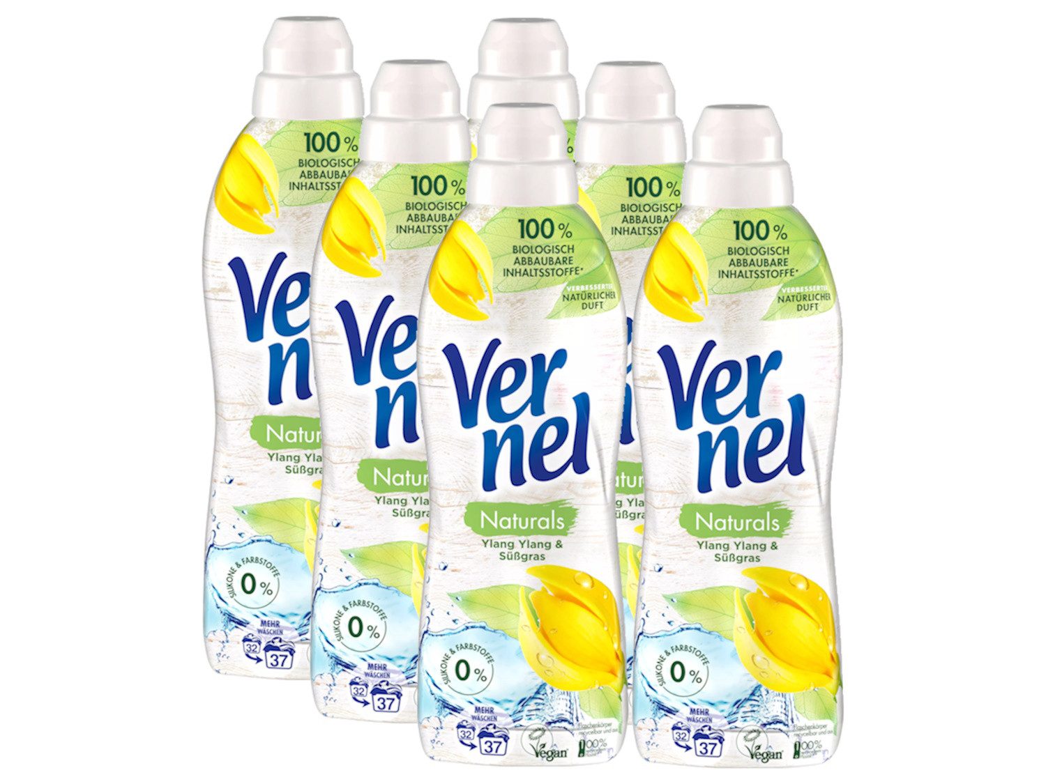 Vernel Naturals Ylang Ylang & Süßgras 6 x 37 WL (222WL) Weichspüler (Spar-Pack, [6-St. 99% natürliche Inhaltsstoffe)