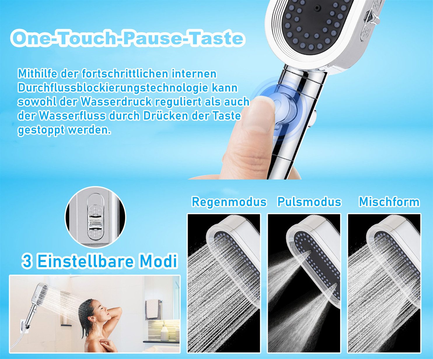 Refttenw Handbrause Hochdruck-Handbrause mit Ein-/Aus-Schalter, 3 günstig online kaufen
