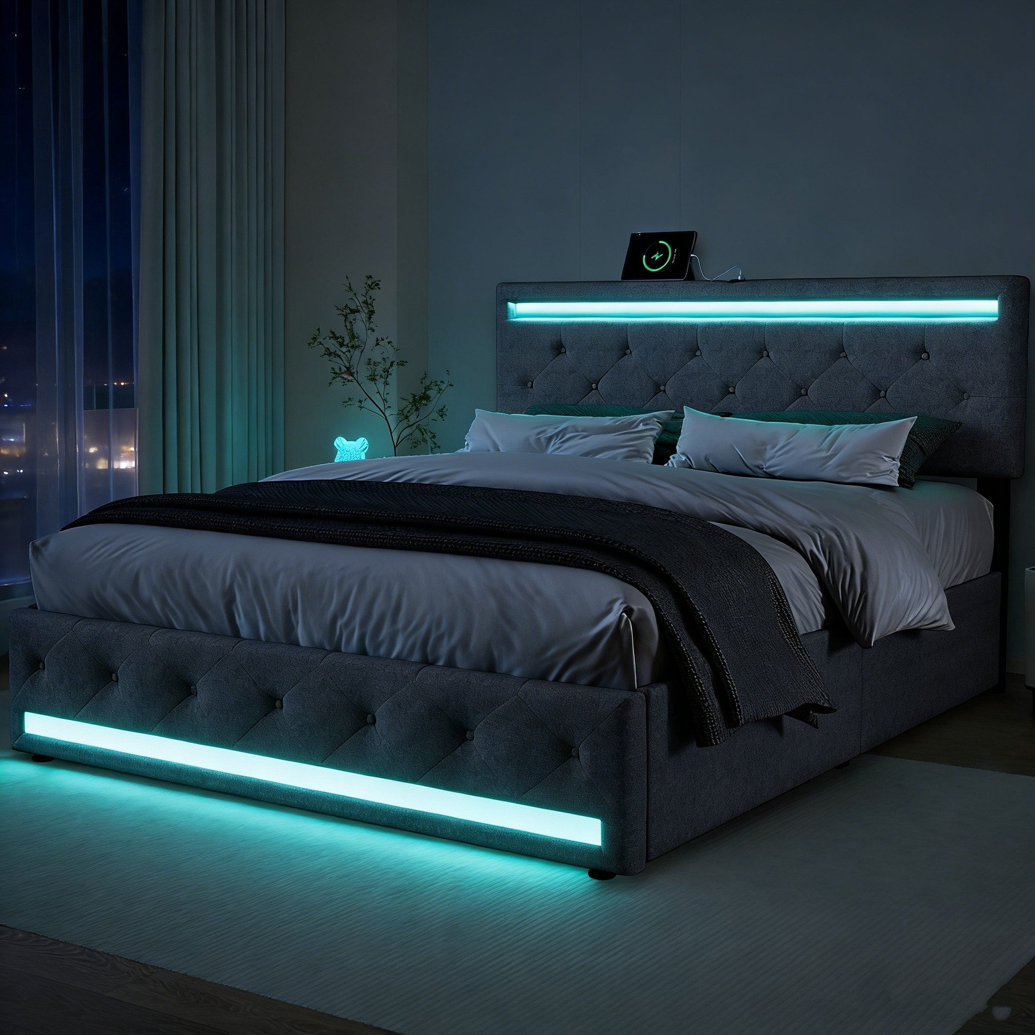 Gdood Stauraumbett LED Doppelbett Polsterbett mit Kopfteil und 4 Schubladen (Leinenmaterial Polsterbett mit RGB Beleuchtung), mit Lattenrost und Ladefunktion, mit Komforthöhe, Leises Design Bett