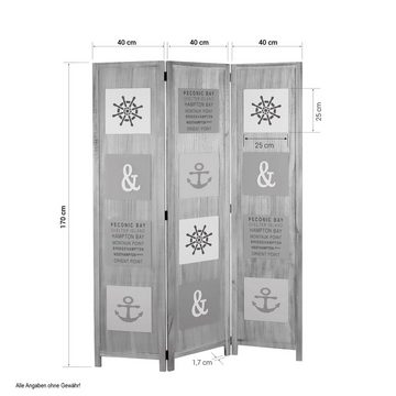 Homestyle4u Paravent Raumteiler Holz SEA Marine Sichtschutz Indoor faltbar, 3-teilig