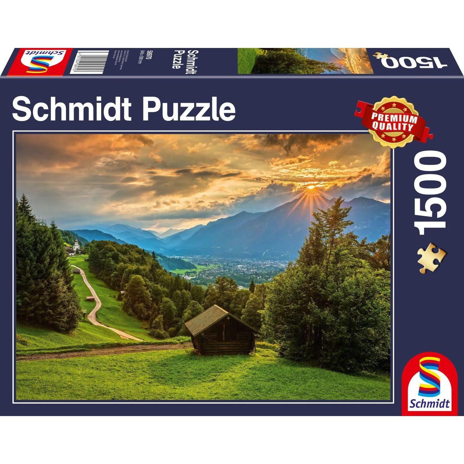 Schmidt Spiele Puzzle Sonnenuntergang über dem Bergdorf Wamberg Puzzle 1.500 Teile, 1500 Puzzleteile