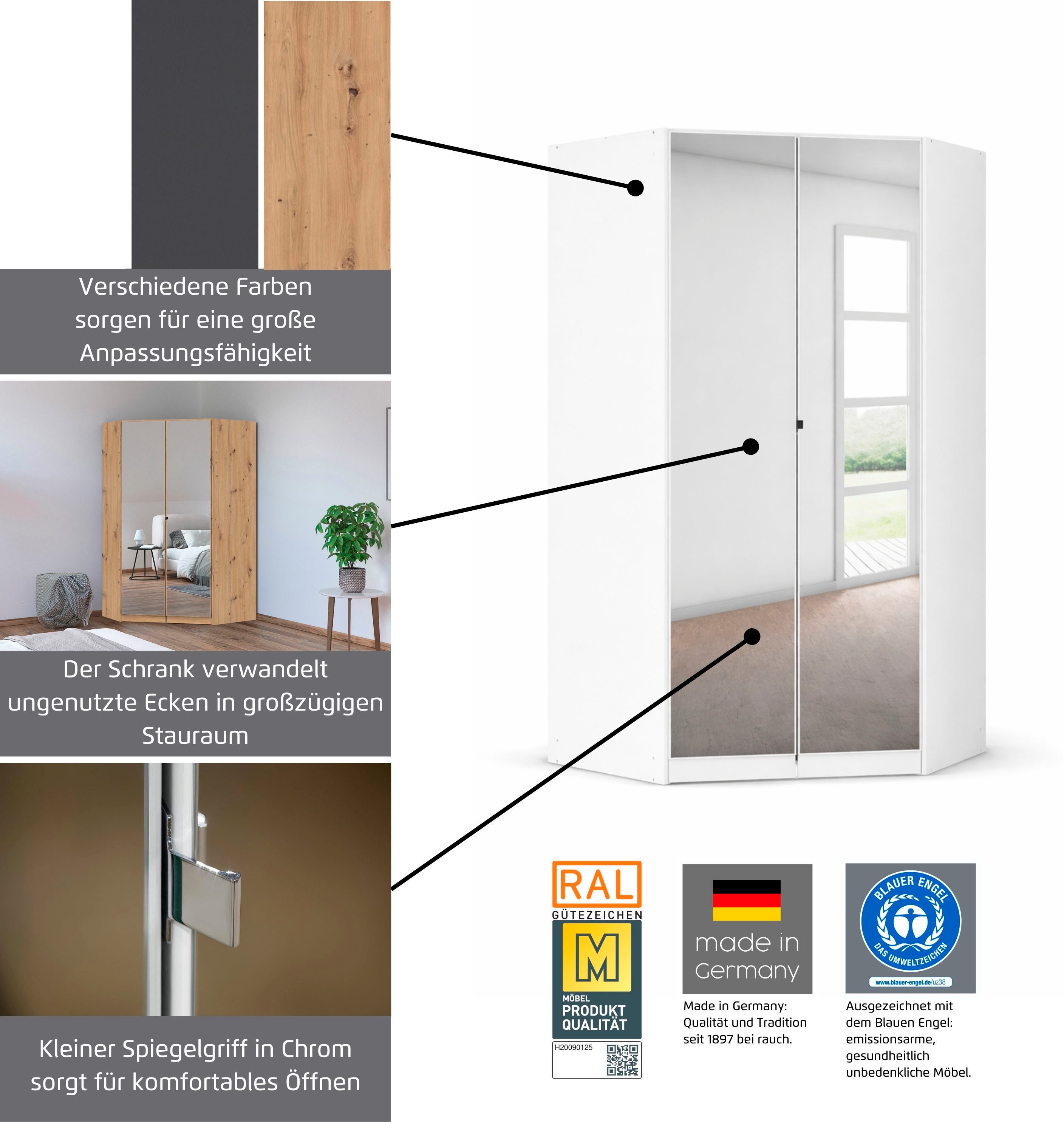 rauch Eckkleiderschrank Kleiderschrank Schrank Garderobe Wäscheschrank COSTA Größe 117x104 cm (in 3 Ausstattungen BASIC/CLASSIC/PREMIUM) mit Spiegel, voll ausge – Bild 5 von 5