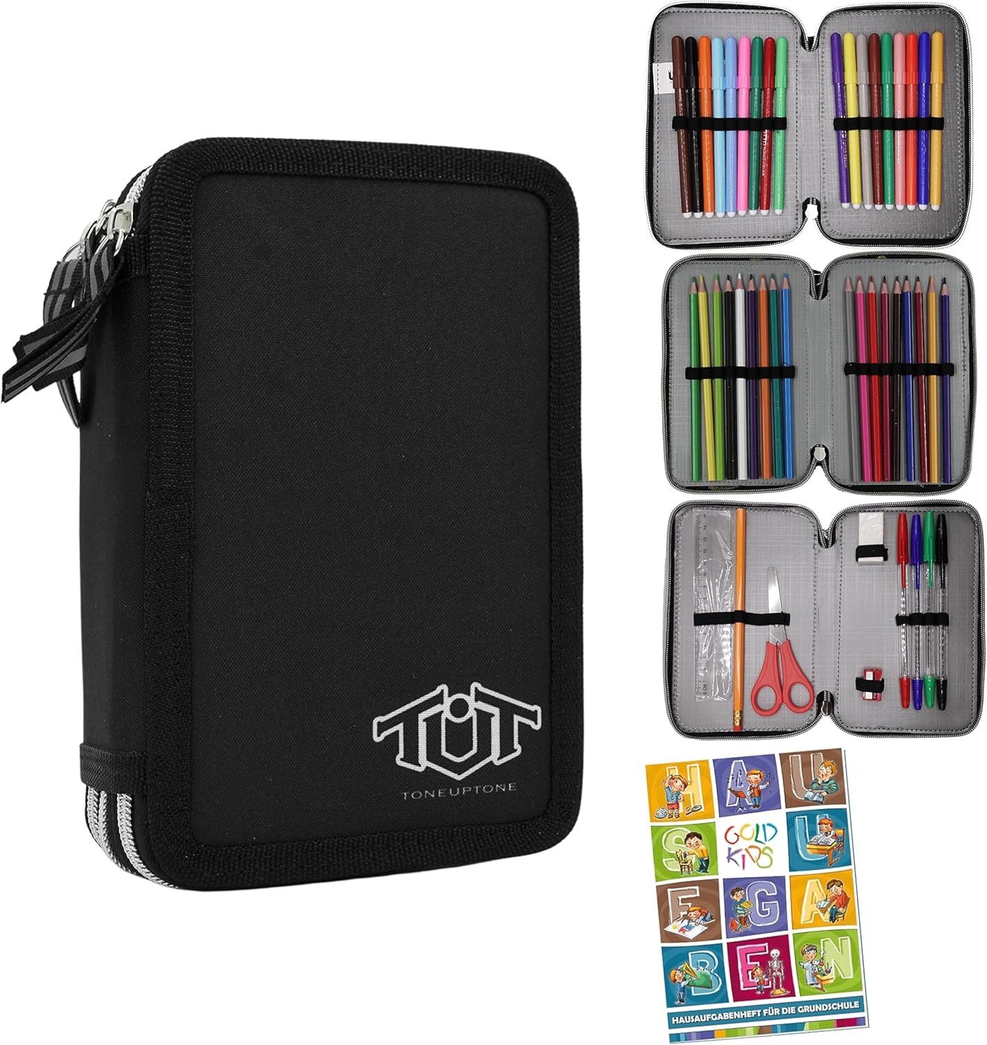 GOLDKIDS Federmäppchen Federmappe Federtasche XXL Schüleretui, (Federtasche Federpenal Schulmäppchen, 1-tlg., ToneUpTone schwarz 3 Fächer 45-teilig), gefüllt inkl Hausaufgabenheft