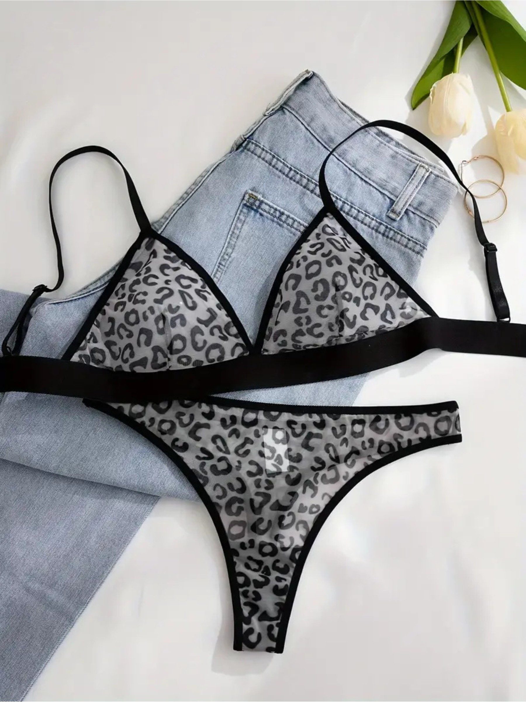 Set: Triangel-BH Dessous-Set mit Druckmuster – & Sexy Damenunterwäsche