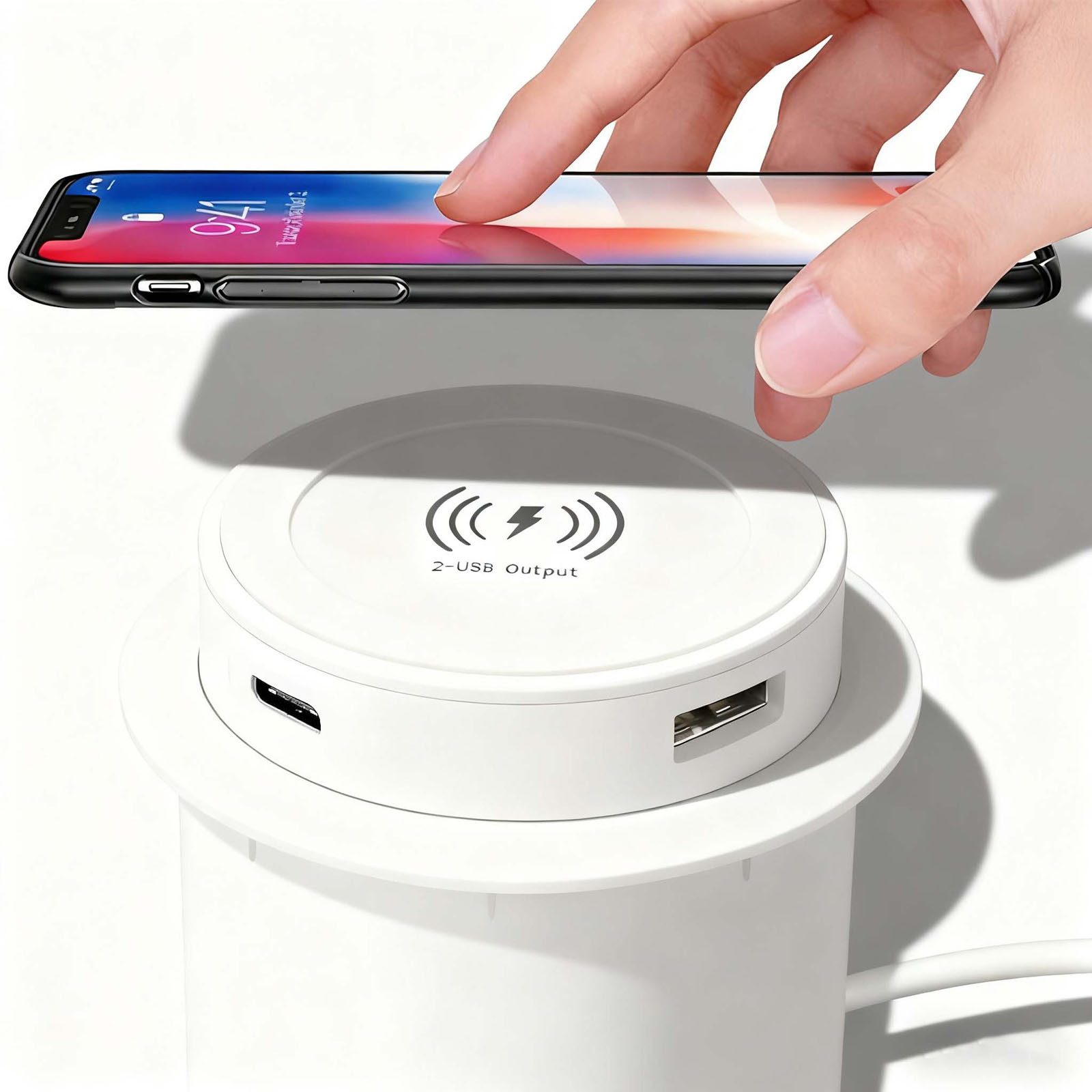 VIVIHEYDAY Einbausteckdose mit Typ-C, USB und 15W Kabellosem Lade, Einbau-Tischsteckdose, 3-in-1 Versenkte Steckdose, Versenkbare Tischsteckdose, 1,4m Kabel