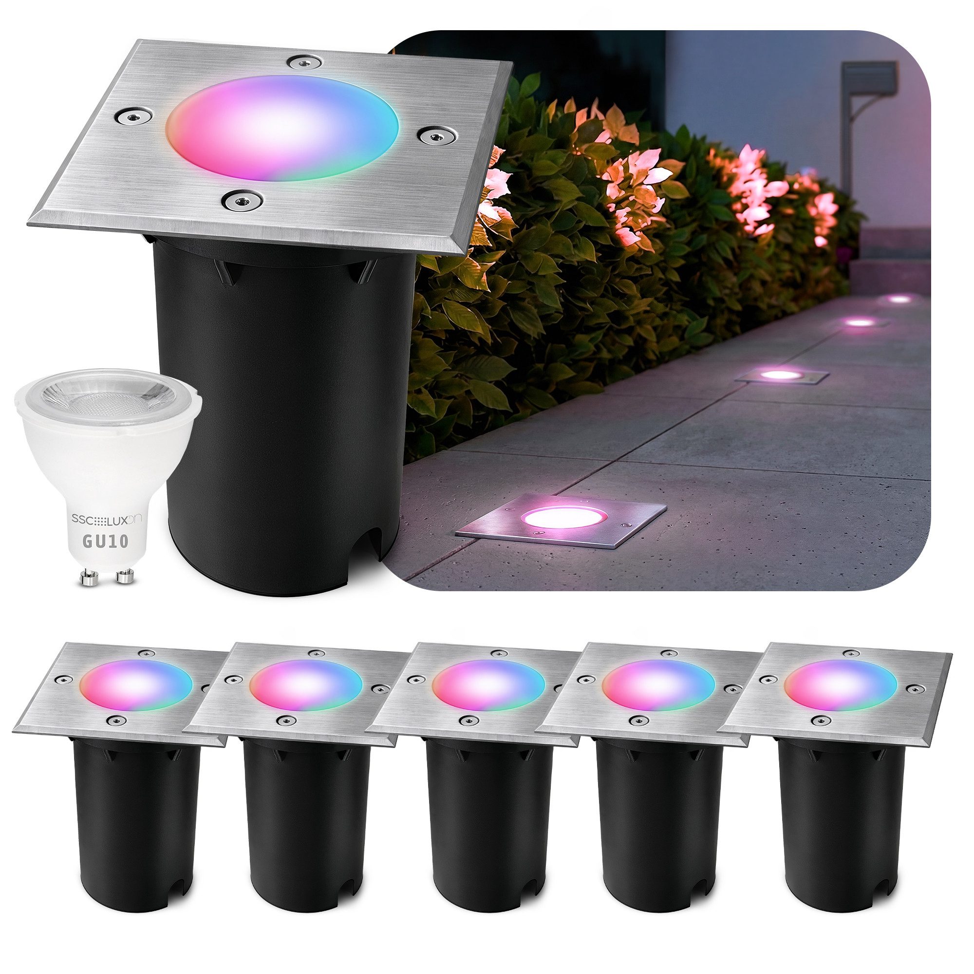 SSC-LUXon KALPA Bodeneinbauleuchte eckig IP67 mit smart GU10 RGB CCT Bodenlampe, Smart