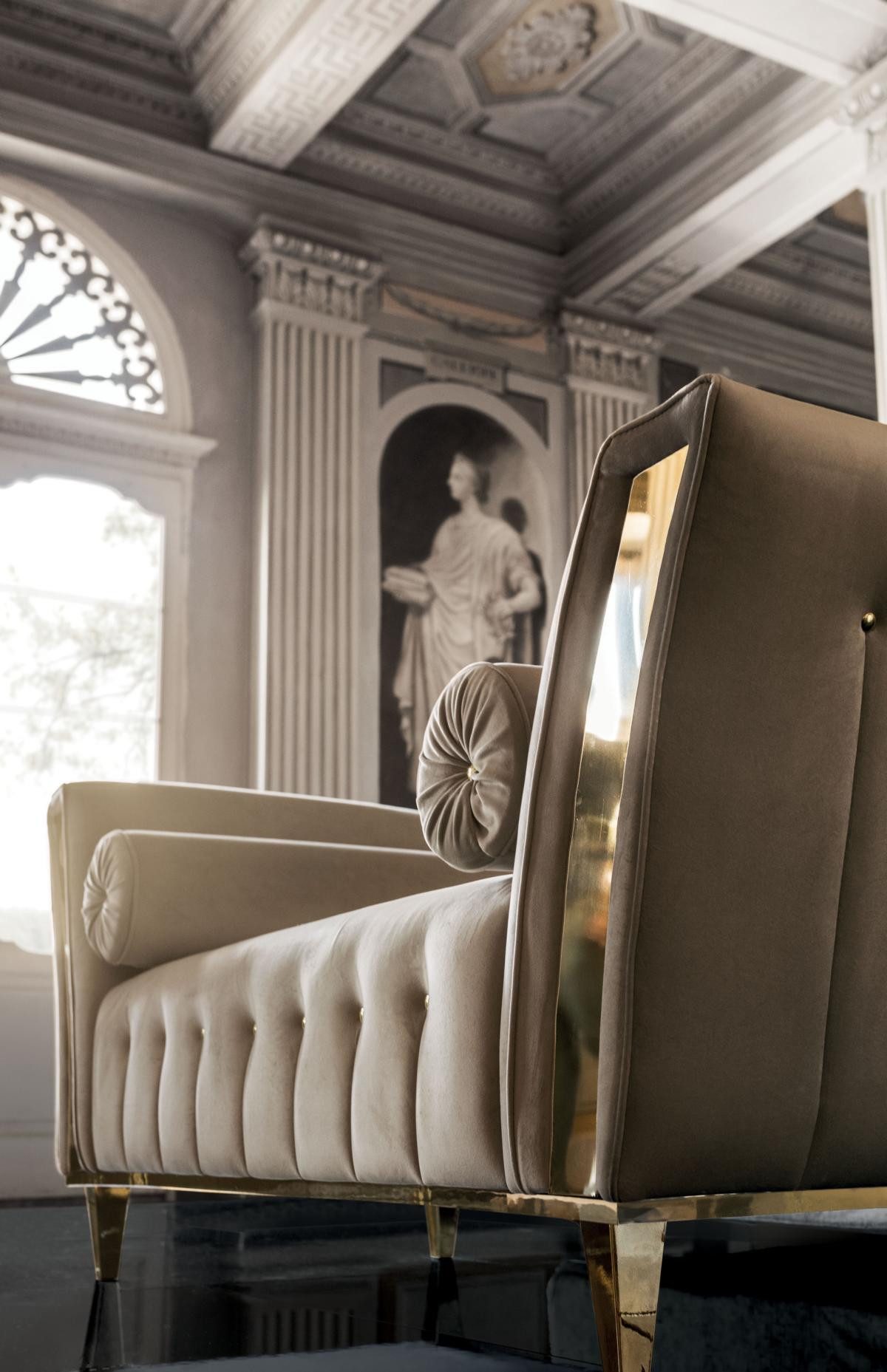 JVmoebel Chaiselongue Stoff Lounge Sofa in Grau mit goldenen Edelstahlfüßen, 1 Teile, Made in Europa