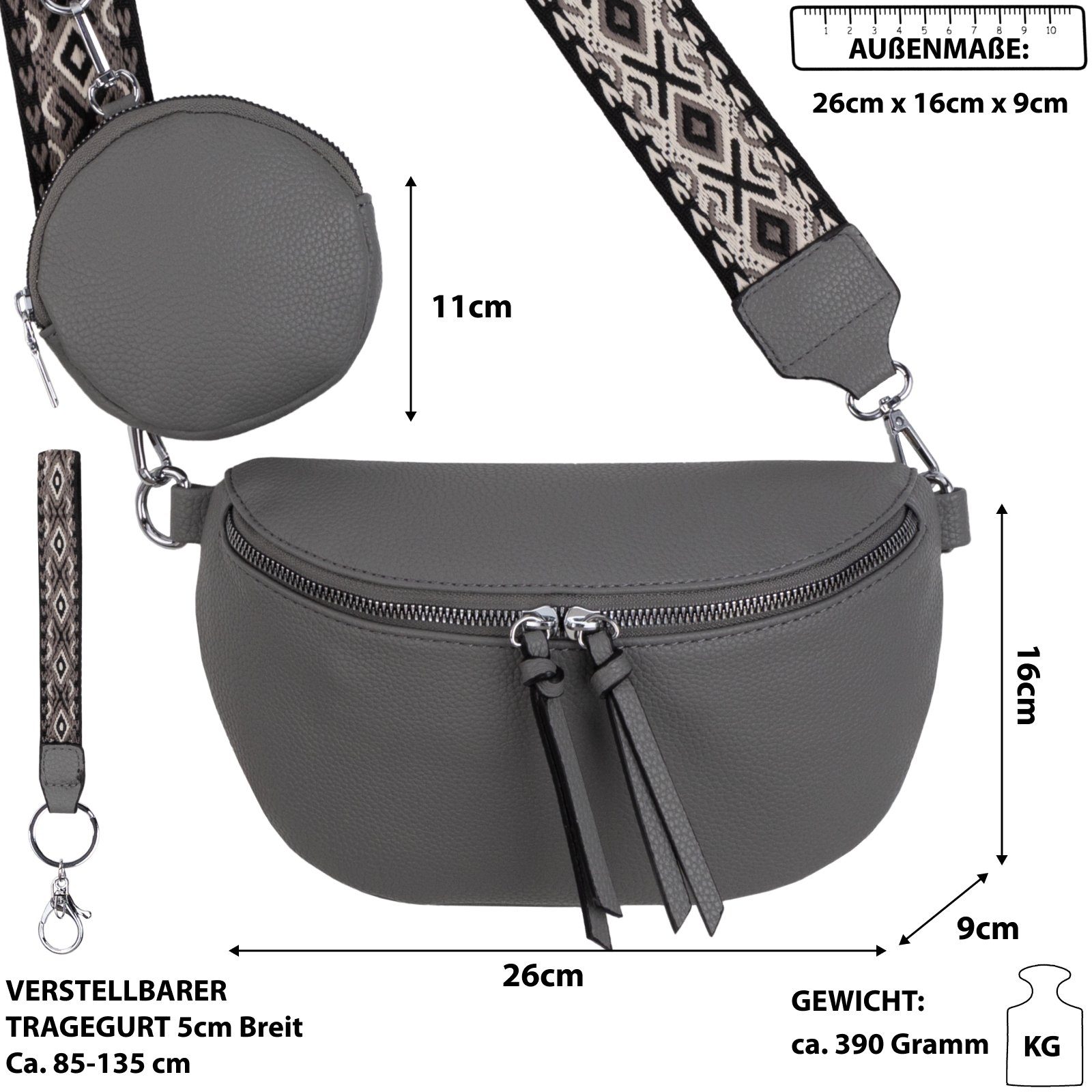 Crossbody-Bag als Bauchtasche Hüfttasche Kunstleder Italy-D, CrossOver, GREY Gürteltasche EAAKIE Umhängetasche tragbar Schultertasche, Umhängetasche