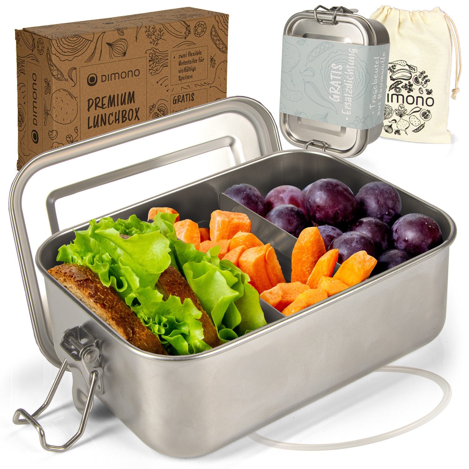 Dimono Lunchbox Brotdose, (Auslaufsichere Bento-Box, Brotzeit-Dose aus Edelstahl), mit Fächer