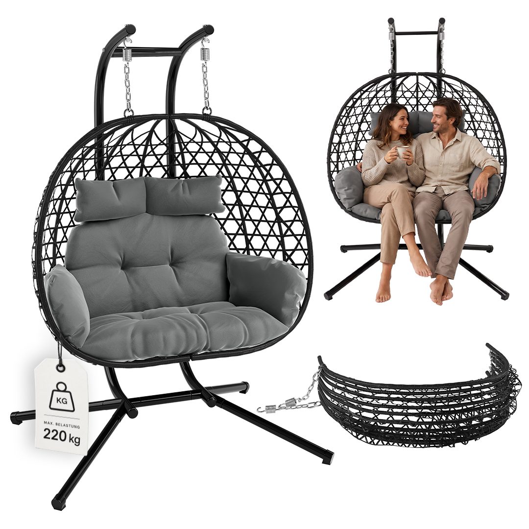 STEELSØN Hängesessel Sarin mit Sitzkissen (für 2 Personen, grau, bis 220 kg belastbar), Rattan-Korb & Metallgestell, Indoor & Outdoor geeignet