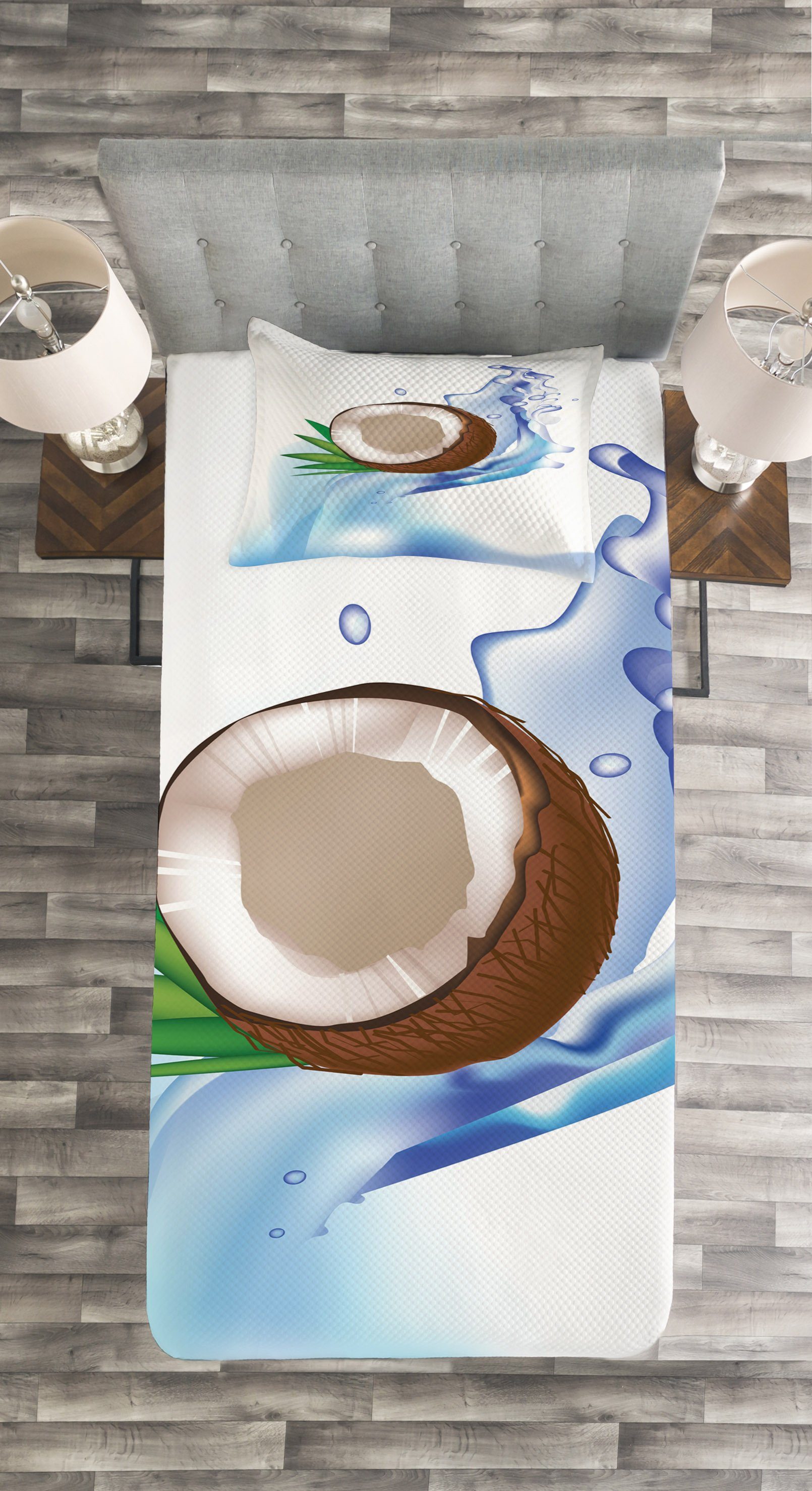 Tagesdecke Set mit Kissenbezügen und Waschbar, Blätter Gebrochene Abakuhaus, Kokosnuss Obst