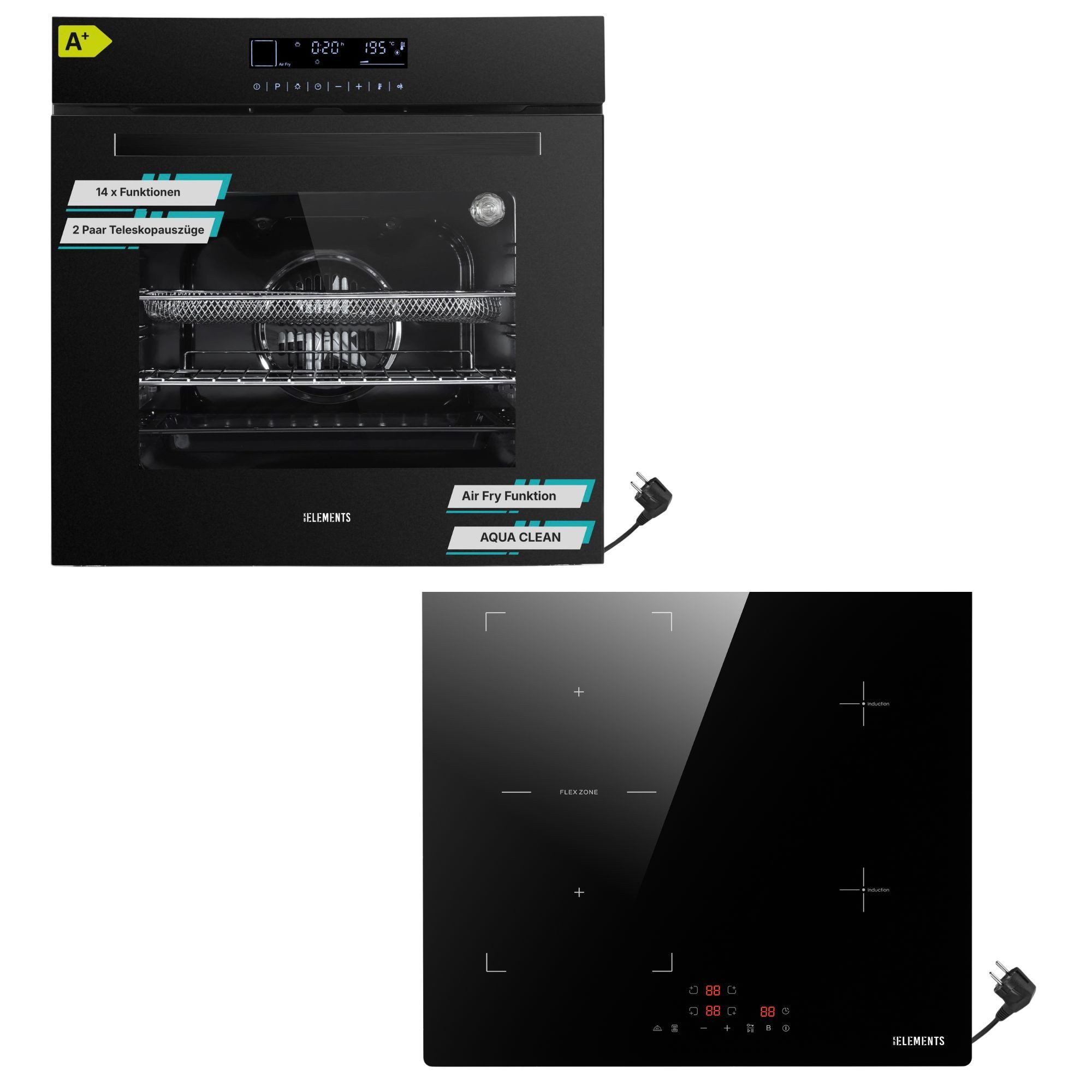 KB Elements Induktions Herd-Set Einbaubackofen 60 cm mit 4-Zonen Induktionskochfeld 60cm, mit 2-fach-Teleskopauszug, AQUA CLEAN, Backofen Full Touch mit 15 Funktionen, Schuko-Anschluss (EU-Stecker)