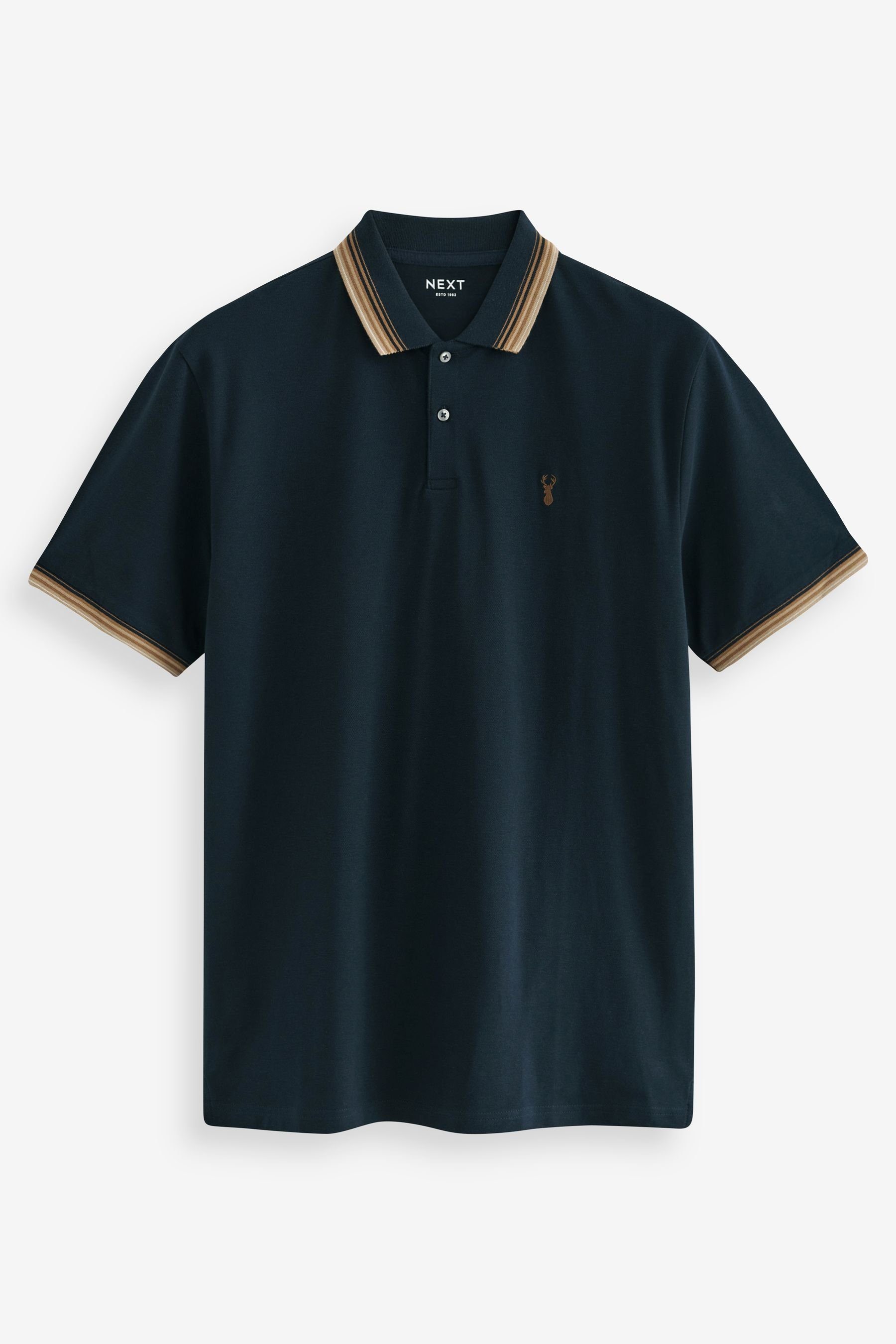 Next Poloshirt Pikee-Poloshirt im Regular Fit mit Kragenstreifen (1-tlg) Navy Blue/Tan Brown