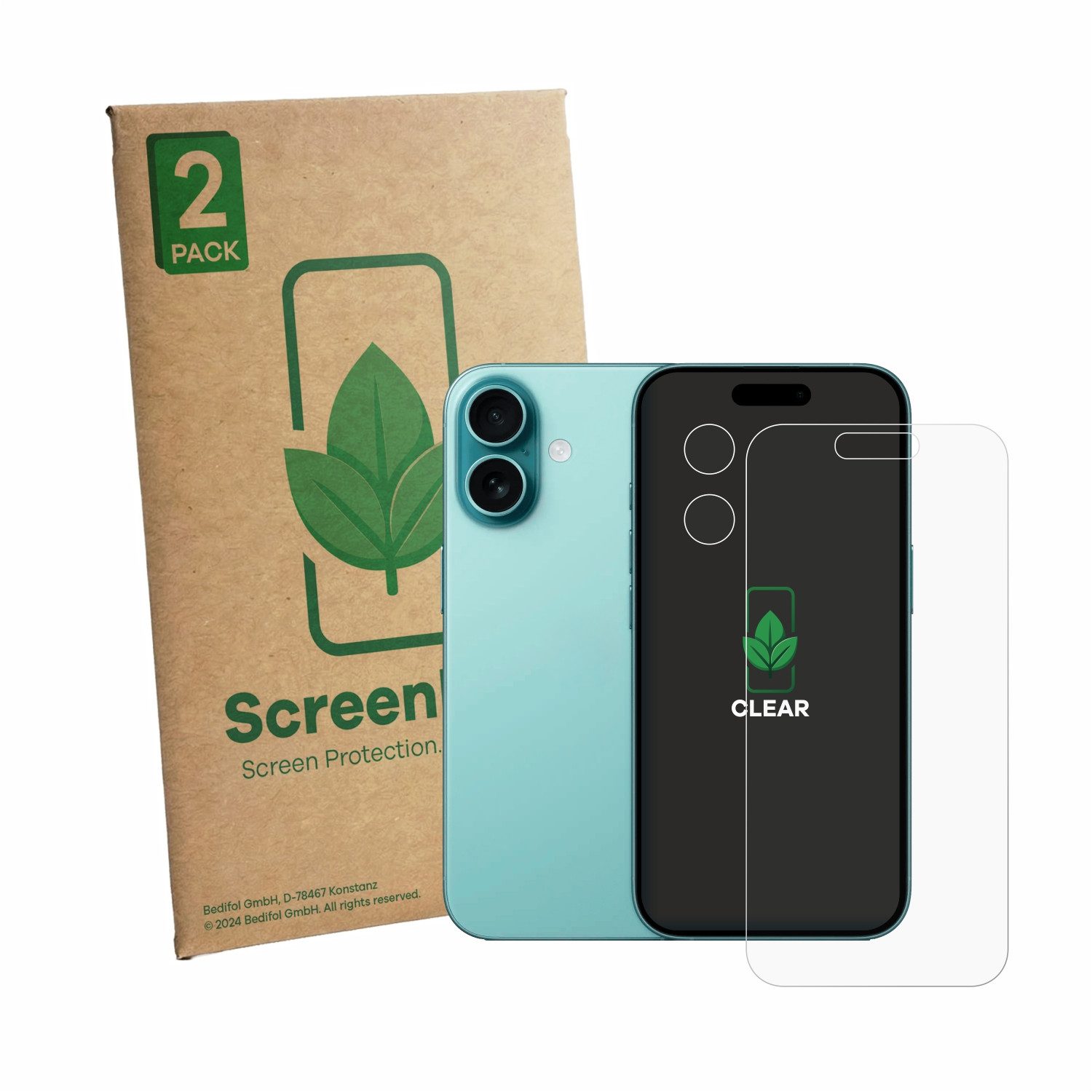 ScreenLeaf Displayschutzfolie Schutzfolie für Apple iPhone 16 (Display+Kamera), 2 Stück, Displayschutz Schutz Folie Klar Transparent
