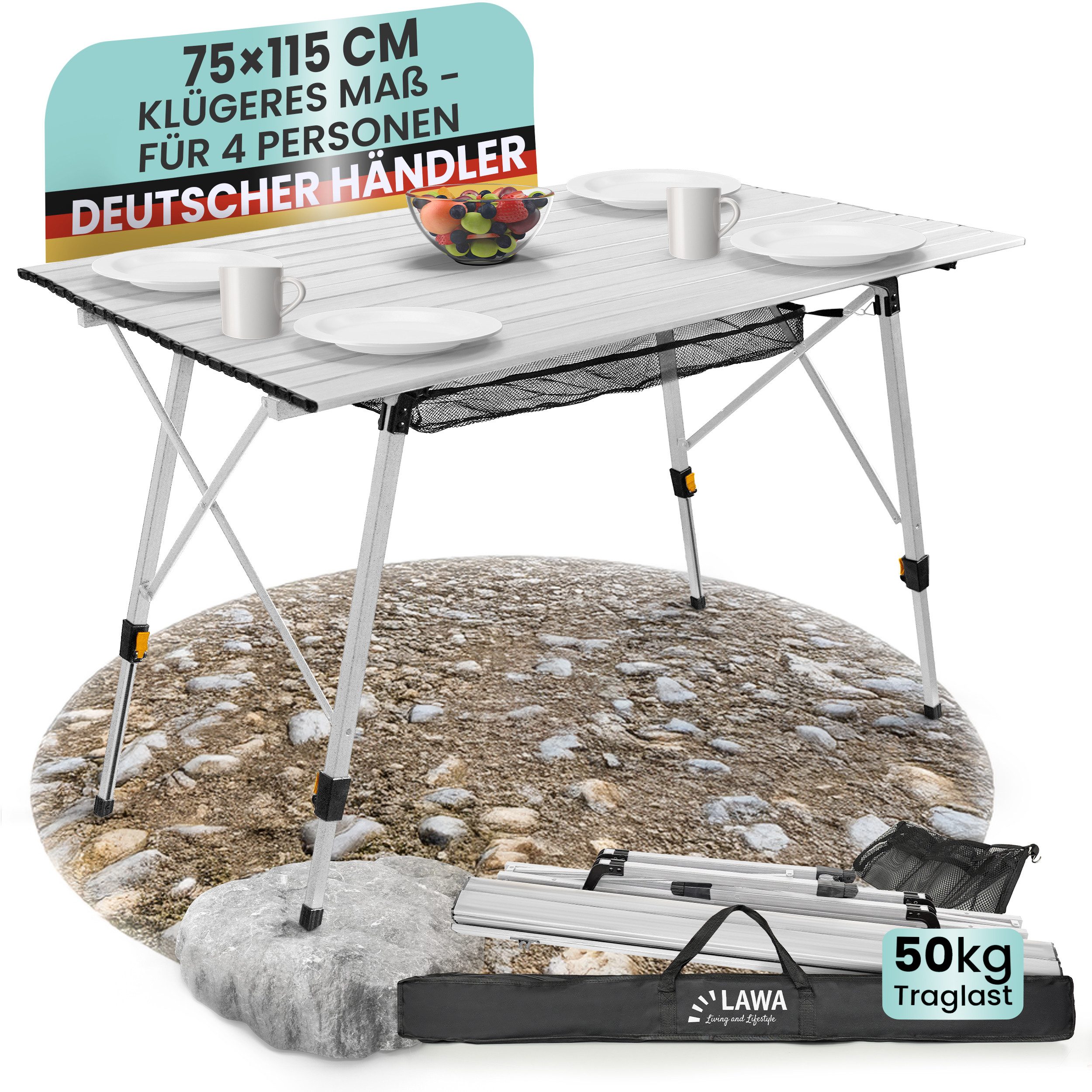 Campingtisch Aluminium Rolltisch höhenverstellbar 4 Personen Balkontisch faltbar