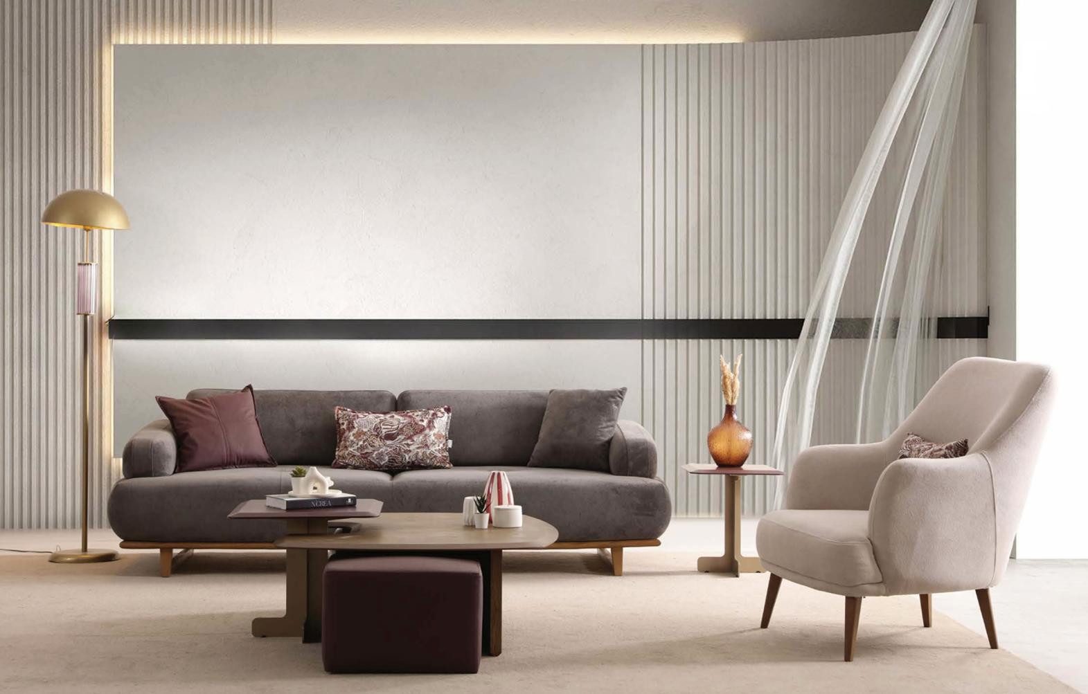 JVmoebel Polstergarnitur Sofa Sessel Grau Beige Stoff Holz Modern Wohnzimmer Garnitur, (2-tlg., 2-tlg)